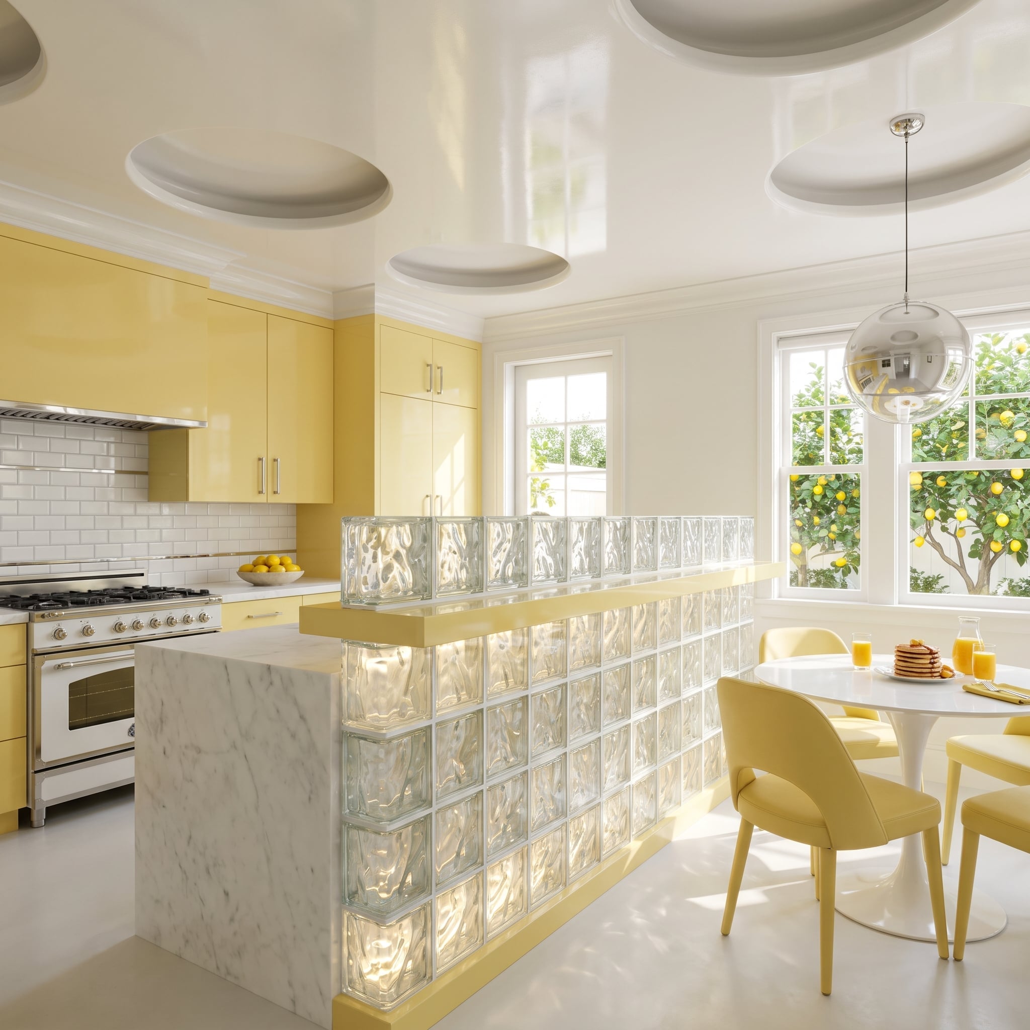 Illuminated glass block partition beside a lemon-yellow contemporary kitchen