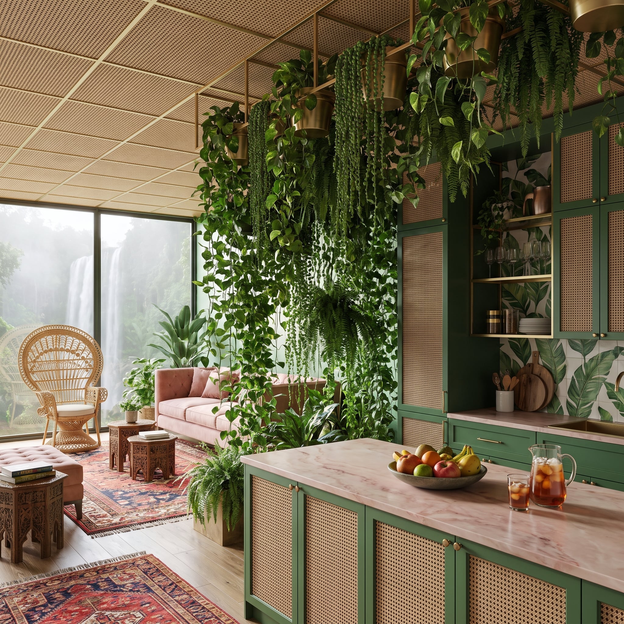 Hanging vines form a green partition above a pink marble kitchen island