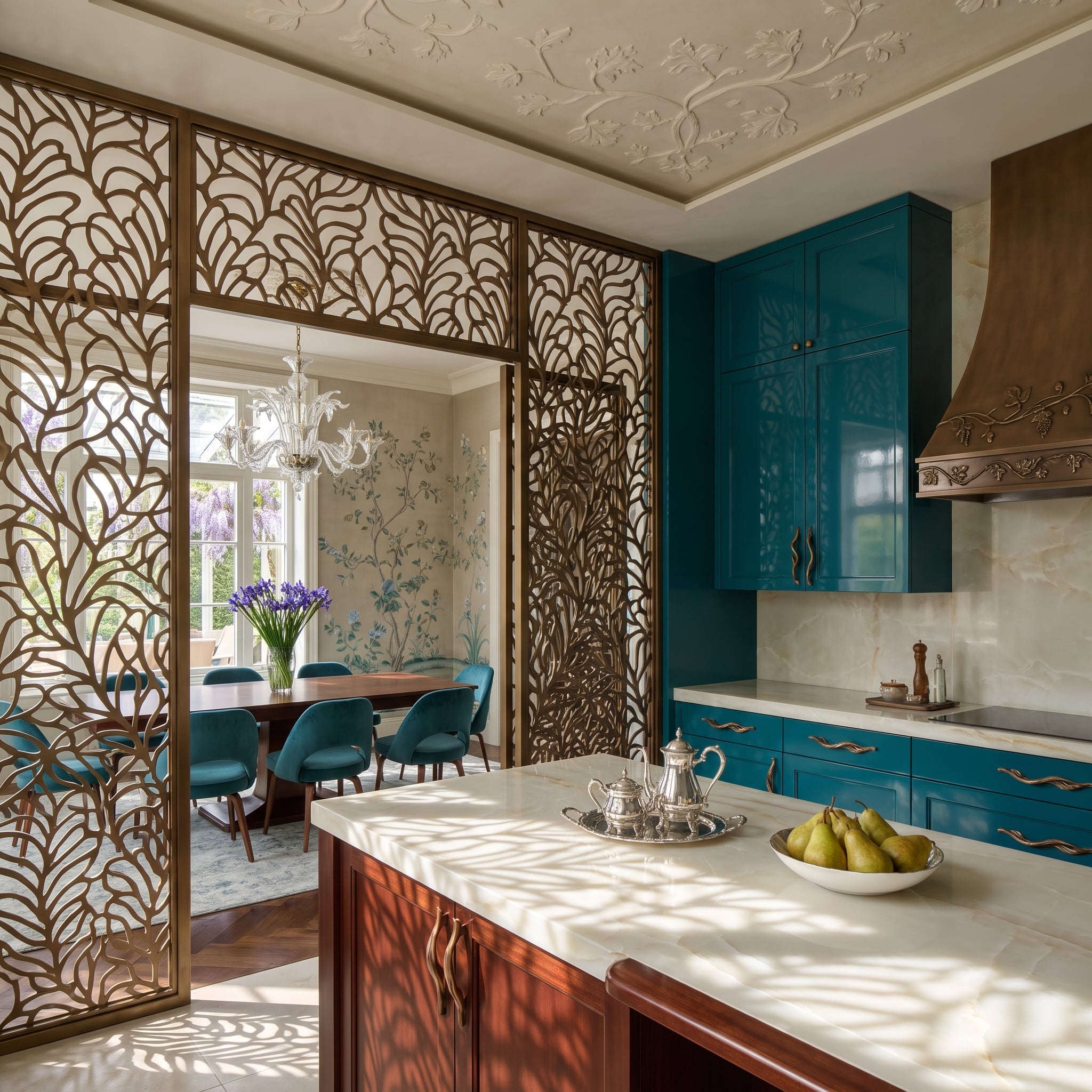 Decorative bronze botanical screens divide a richly detailed teal kitchen
