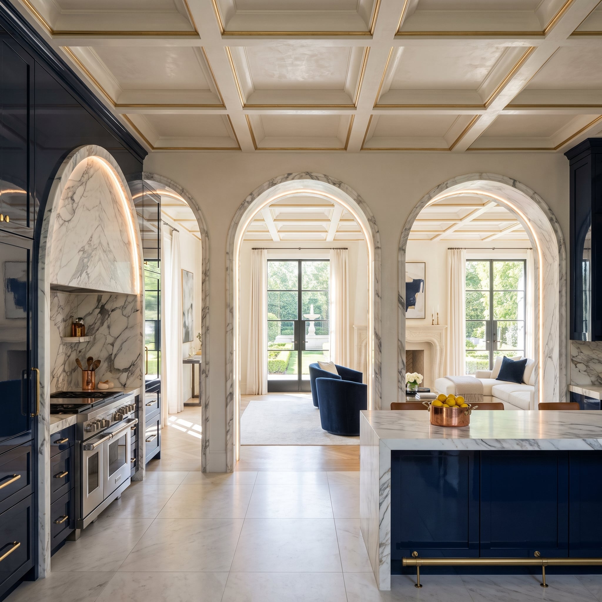Marble arches separate a navy lacquer kitchen from its sitting room