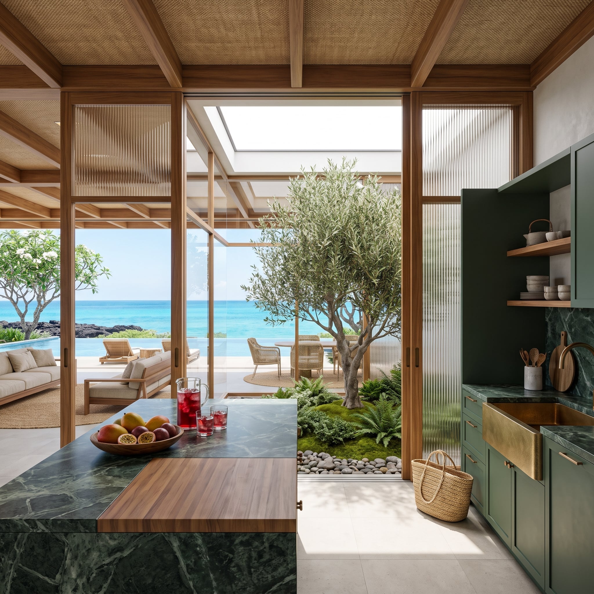 Fluted glass columns separate a green marble kitchen from an olive-tree courtyard