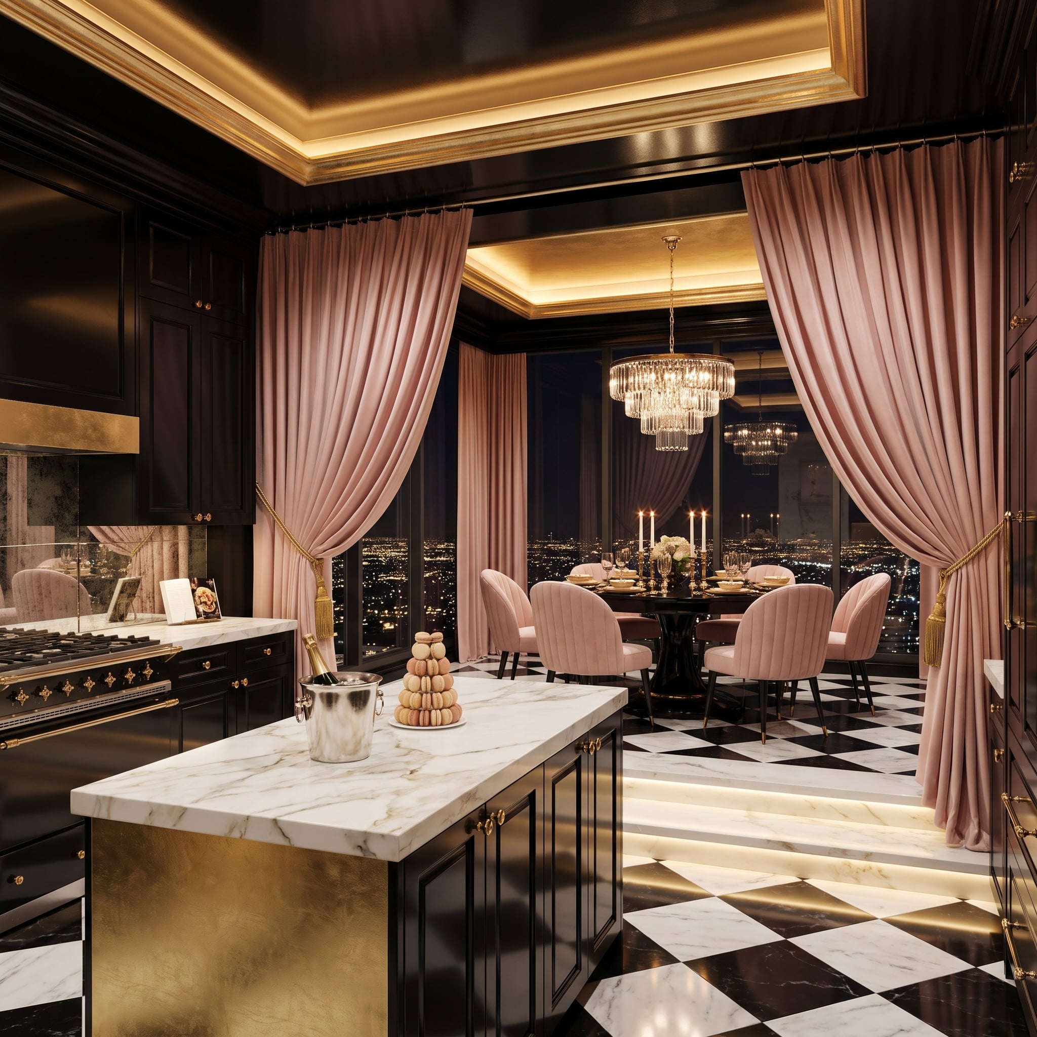 Pink velvet curtains frame the entrance to a luxurious black-and-white kitchen