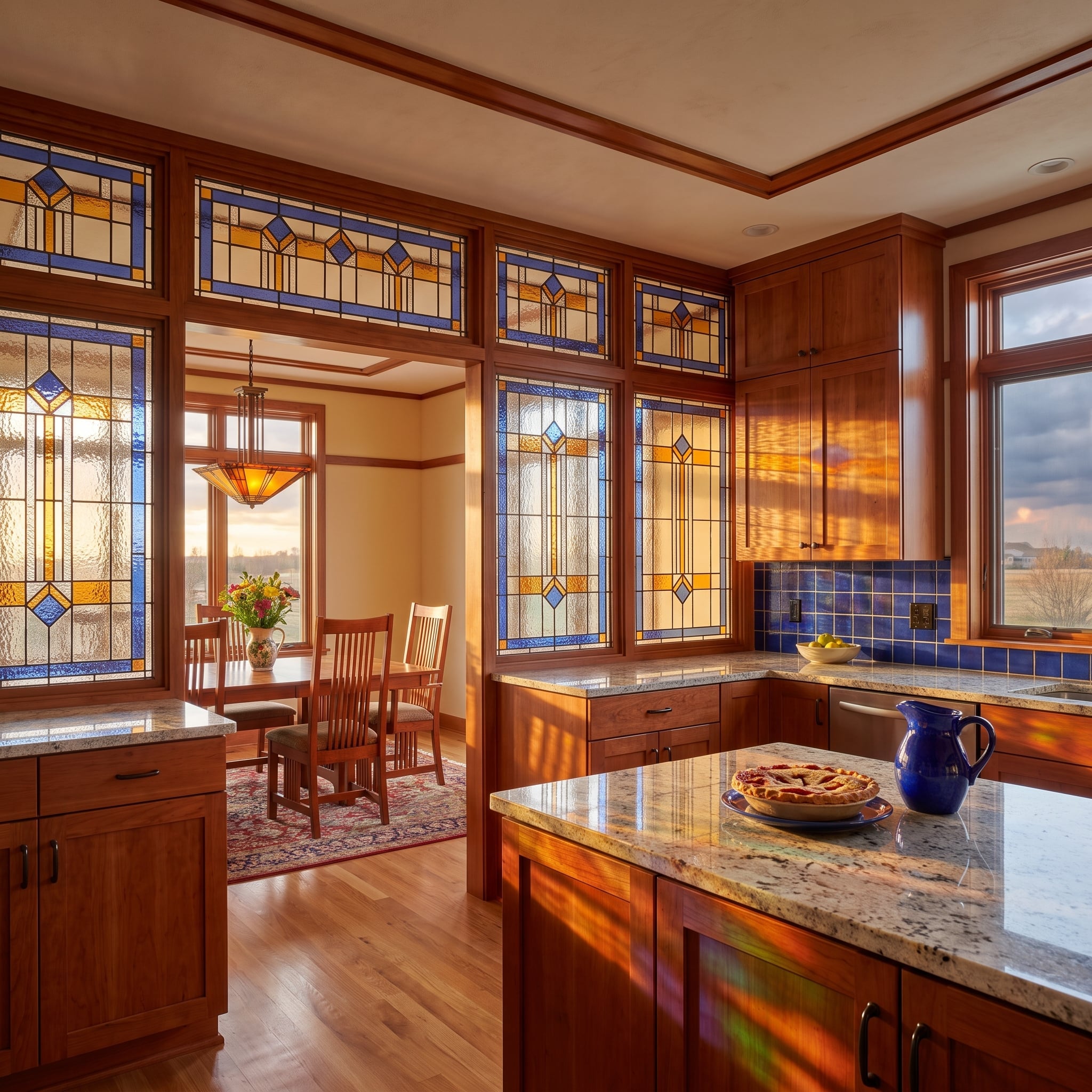 Geometric leaded art glass separates a cherry wood kitchen from its dining room
