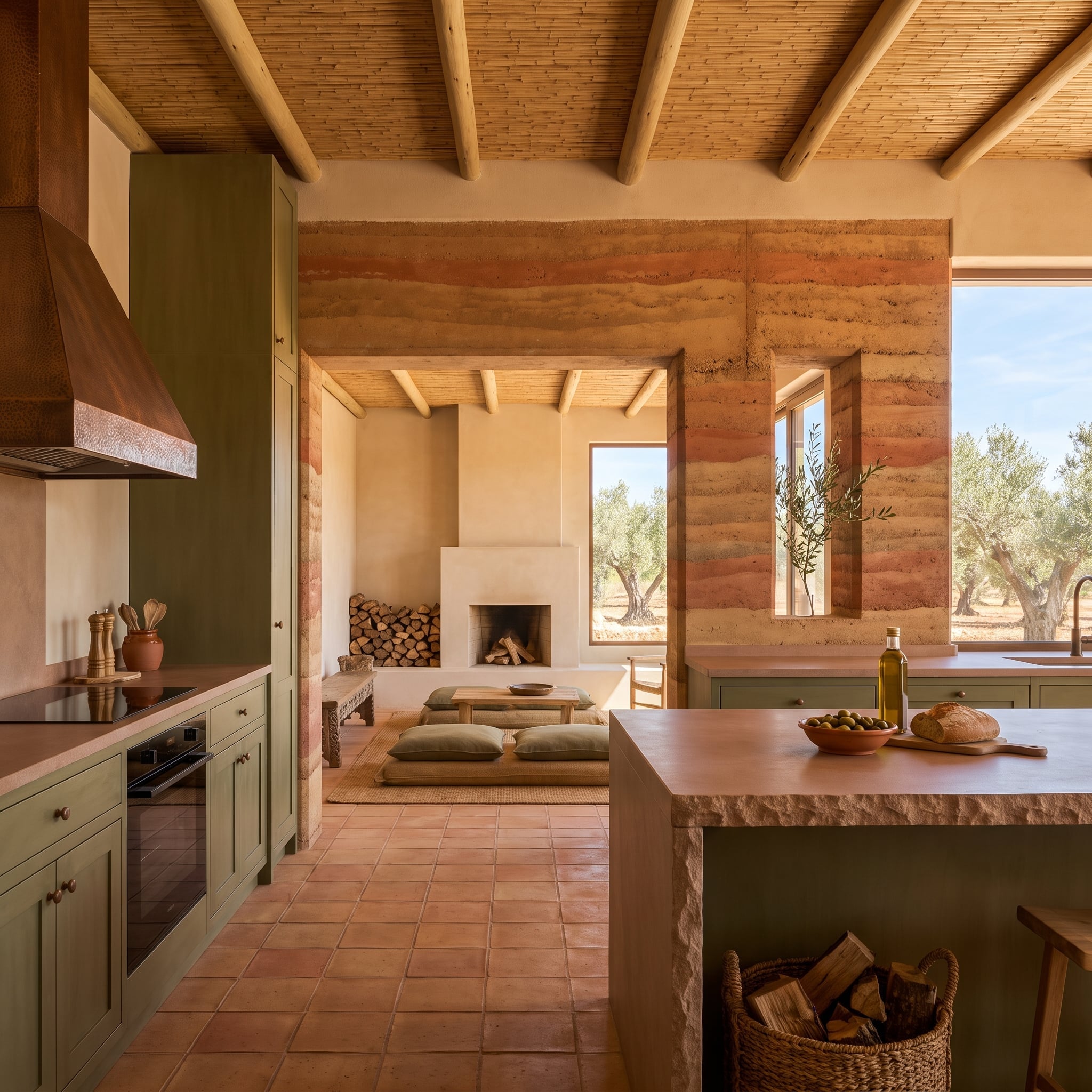 Rammed earth wall separates an olive-green kitchen from the living area
