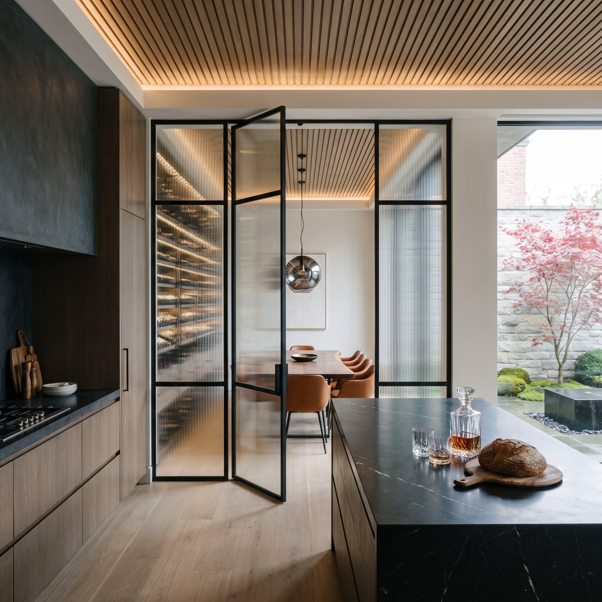 Reeded glass and slatted cedar separate a contemporary kitchen from its dining room