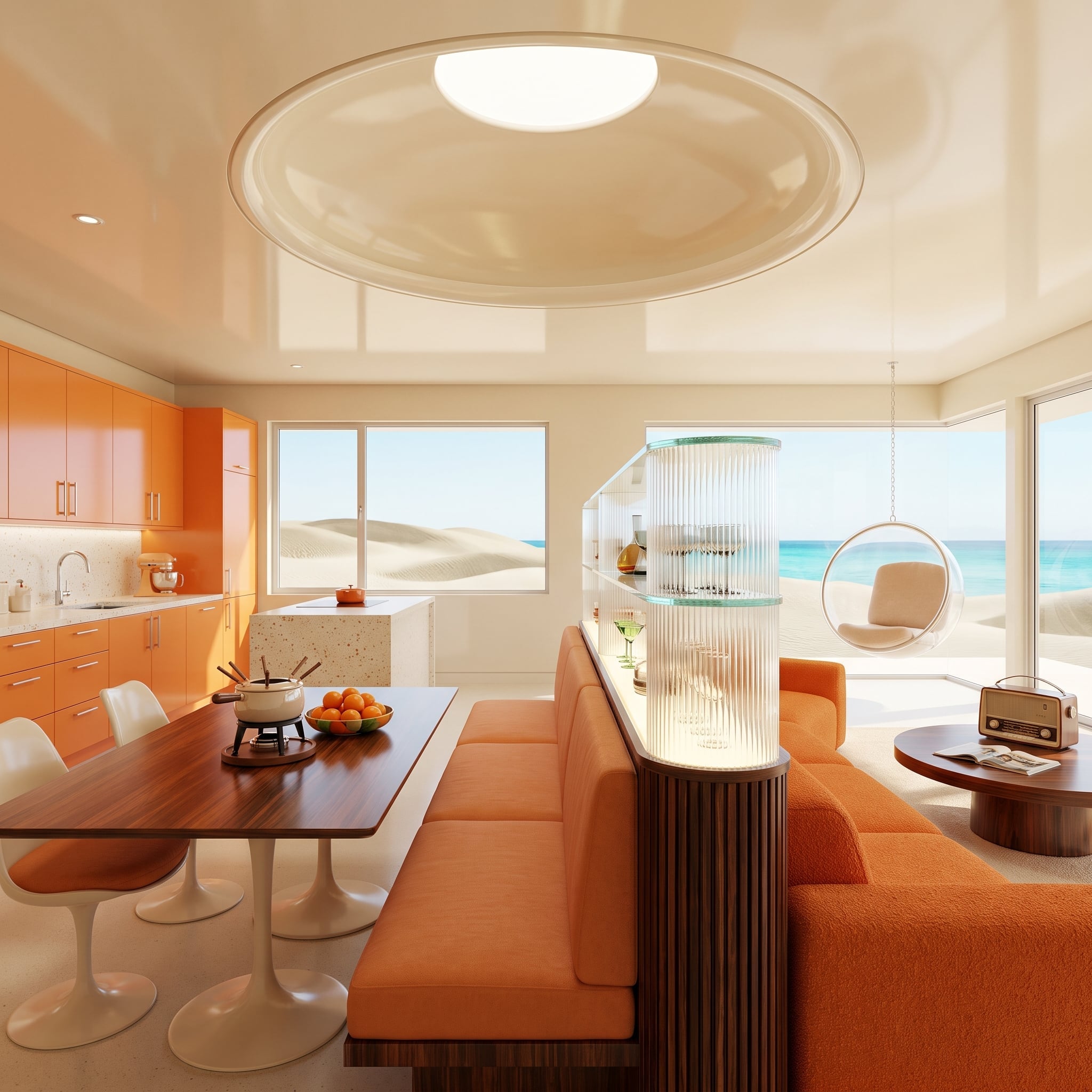 Illuminated cylindrical ribbed-glass divider beside a citrus-orange kitchen