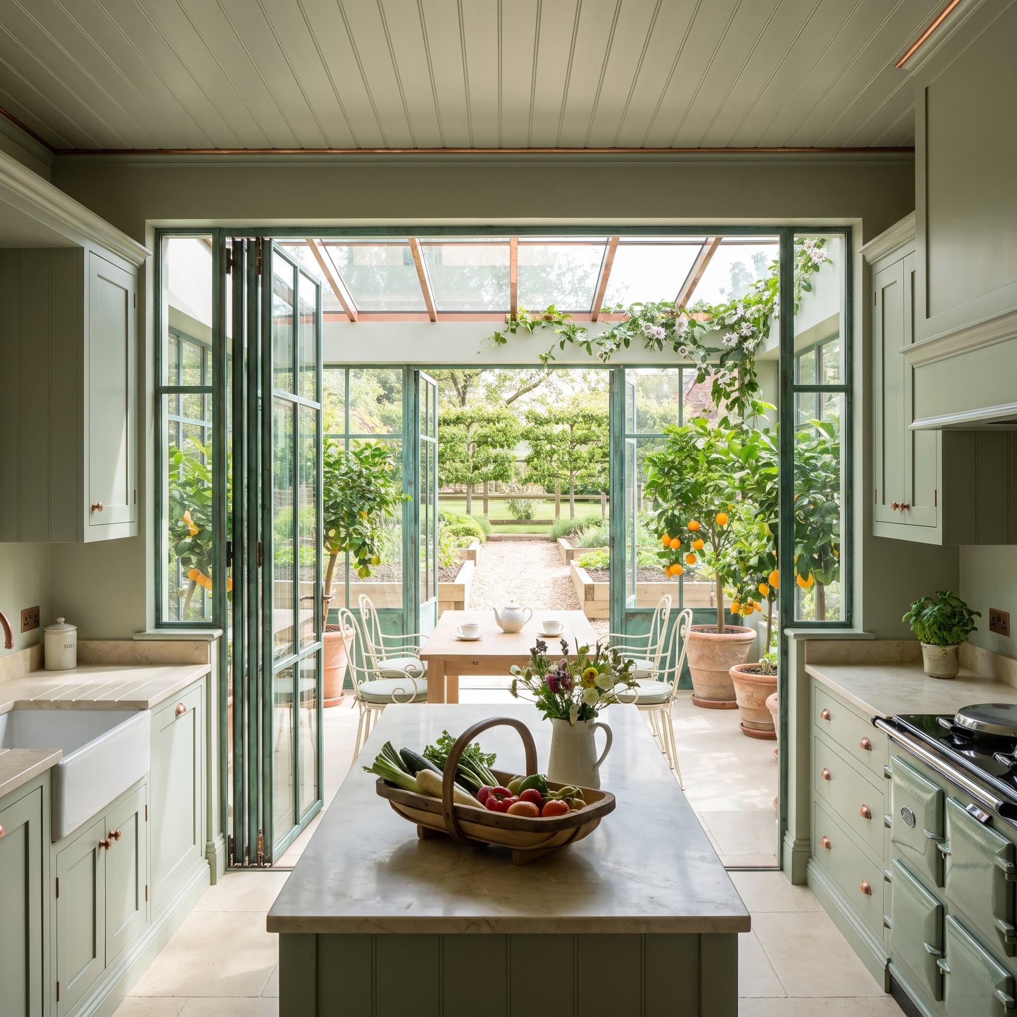 Glass conservatory and bifold doors extend a sage-green kitchen toward the garden