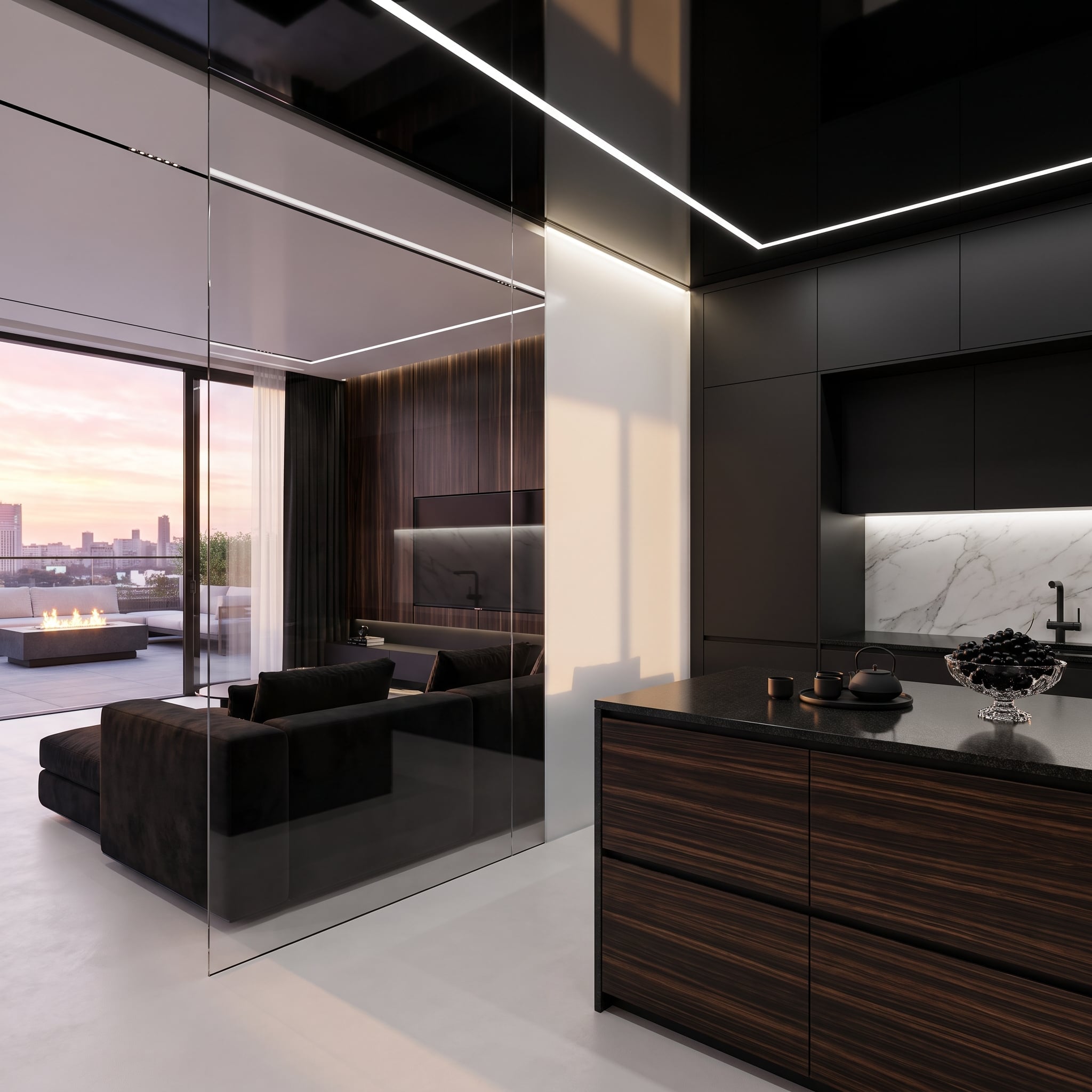 Smoked glass panels and dramatic dark wood grain in a contemporary kitchen