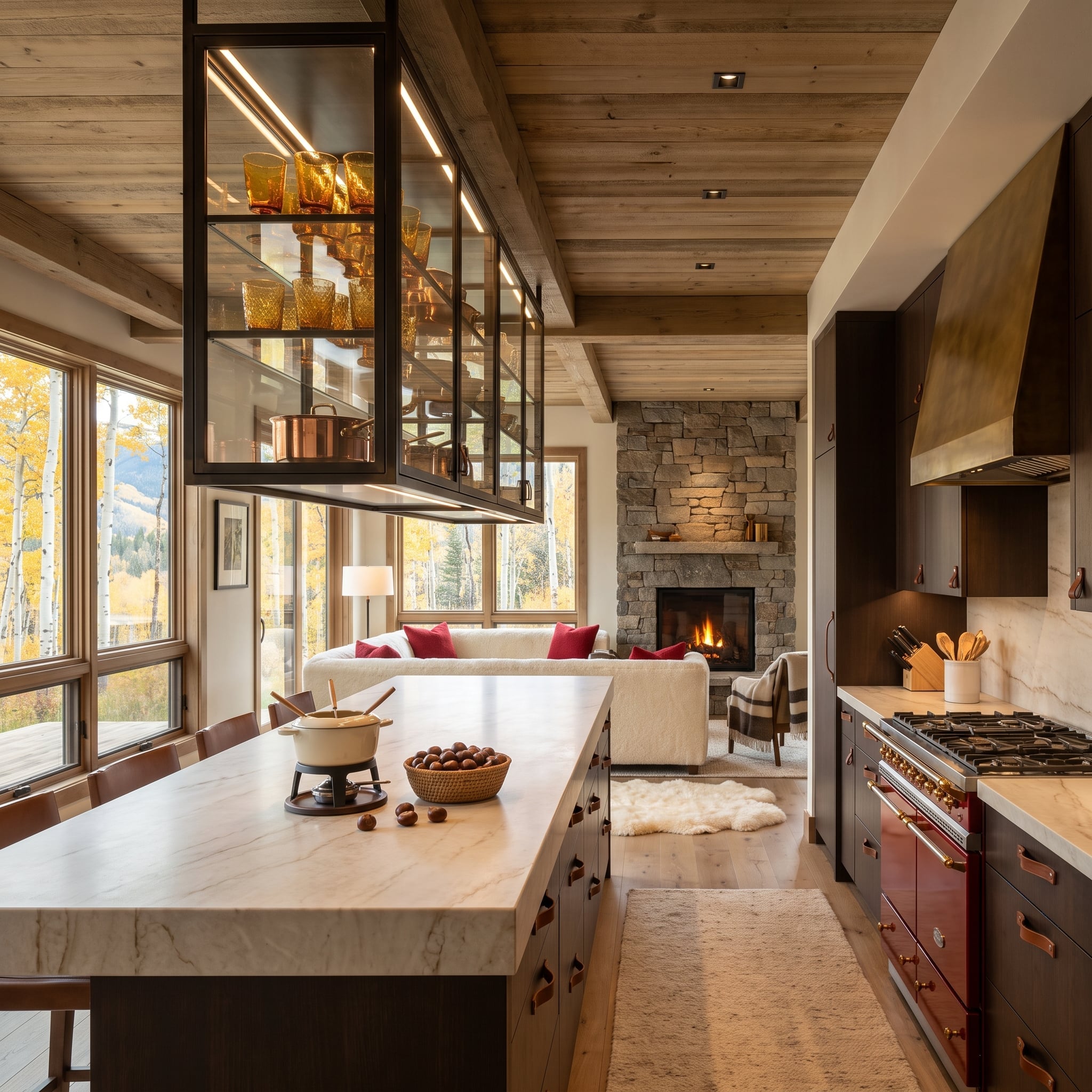Suspended glass display cabinet separates a kitchen from its living area
