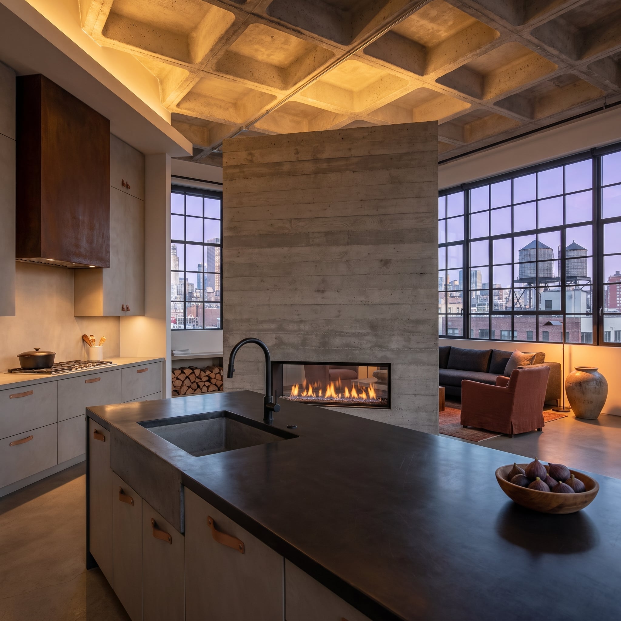 Concrete fireplace partition and waffle ceiling define an industrial kitchen