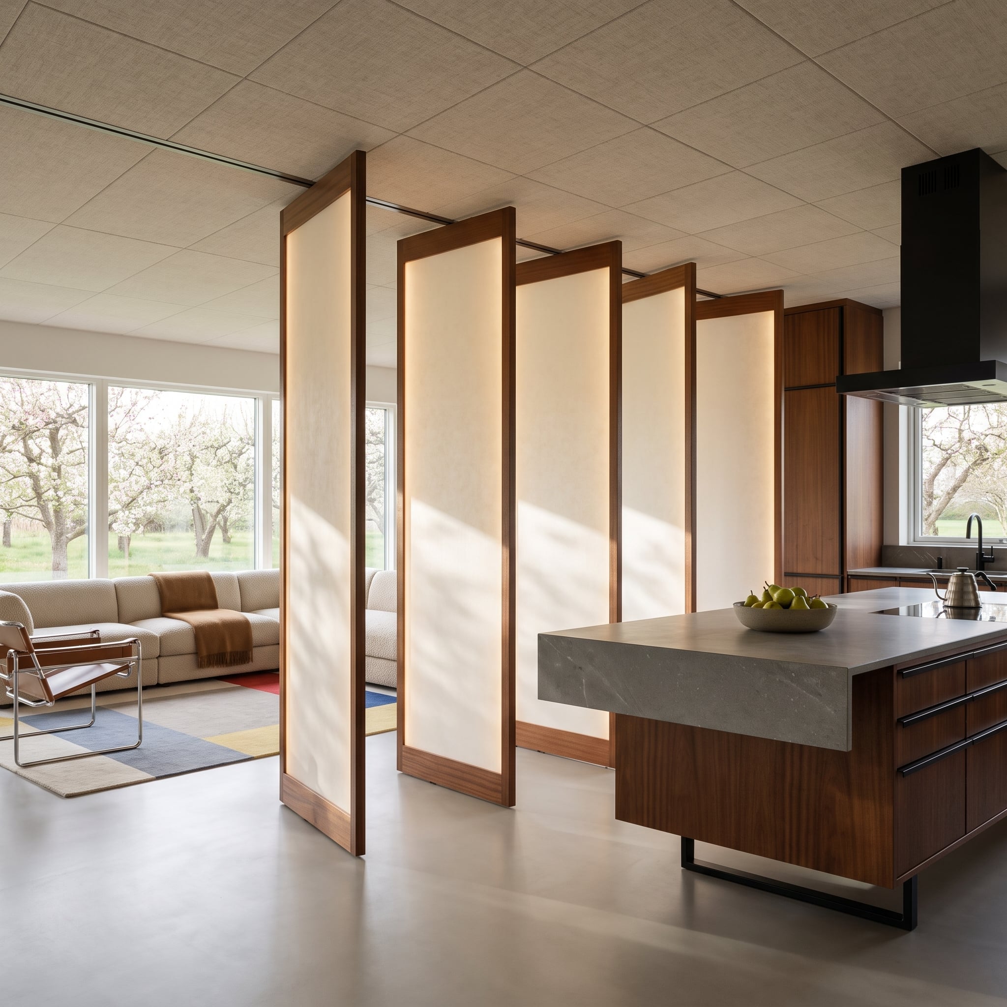 Illuminated walnut-framed linen folding screen divides a contemporary kitchen