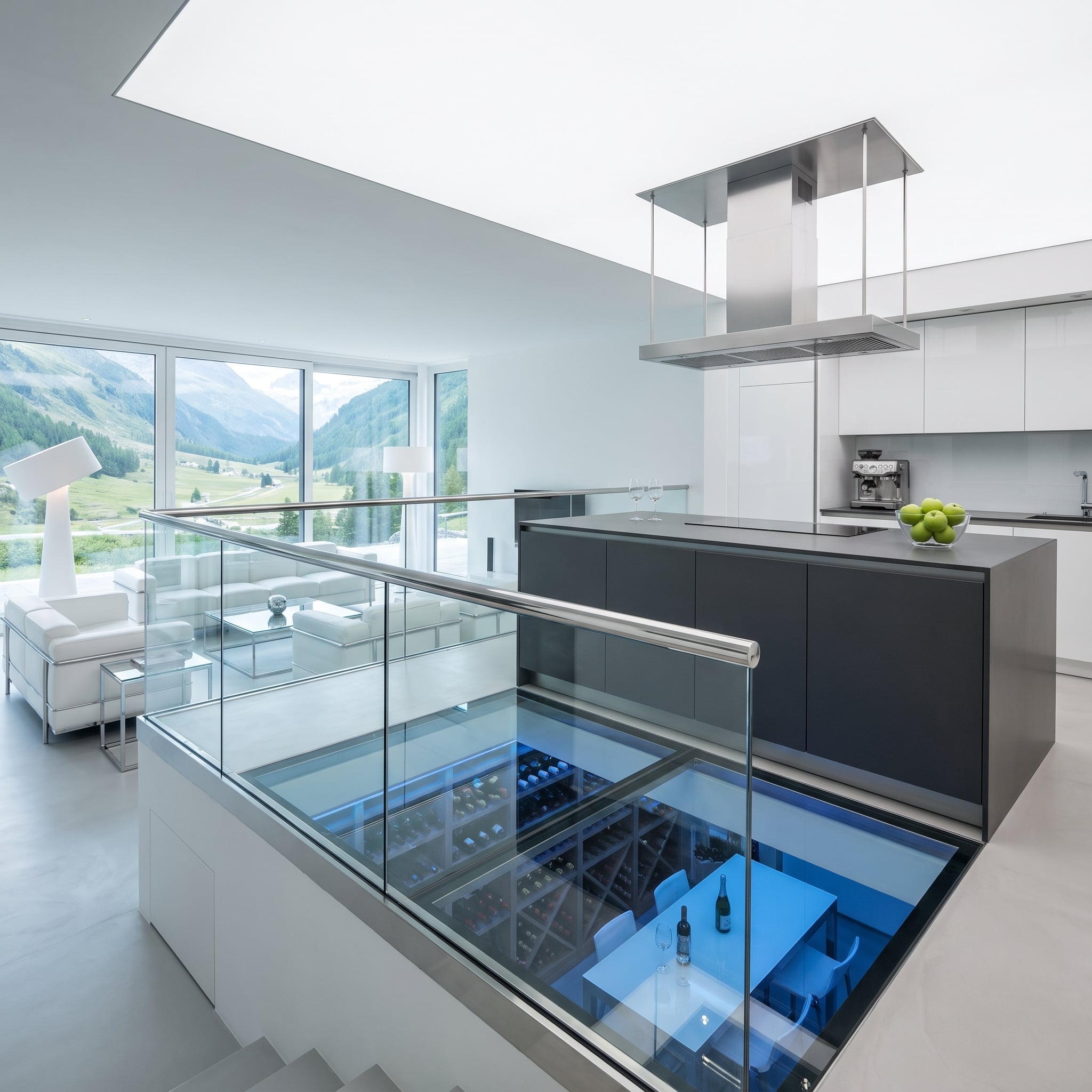 Glass floor separates a contemporary kitchen from an illuminated wine cellar below