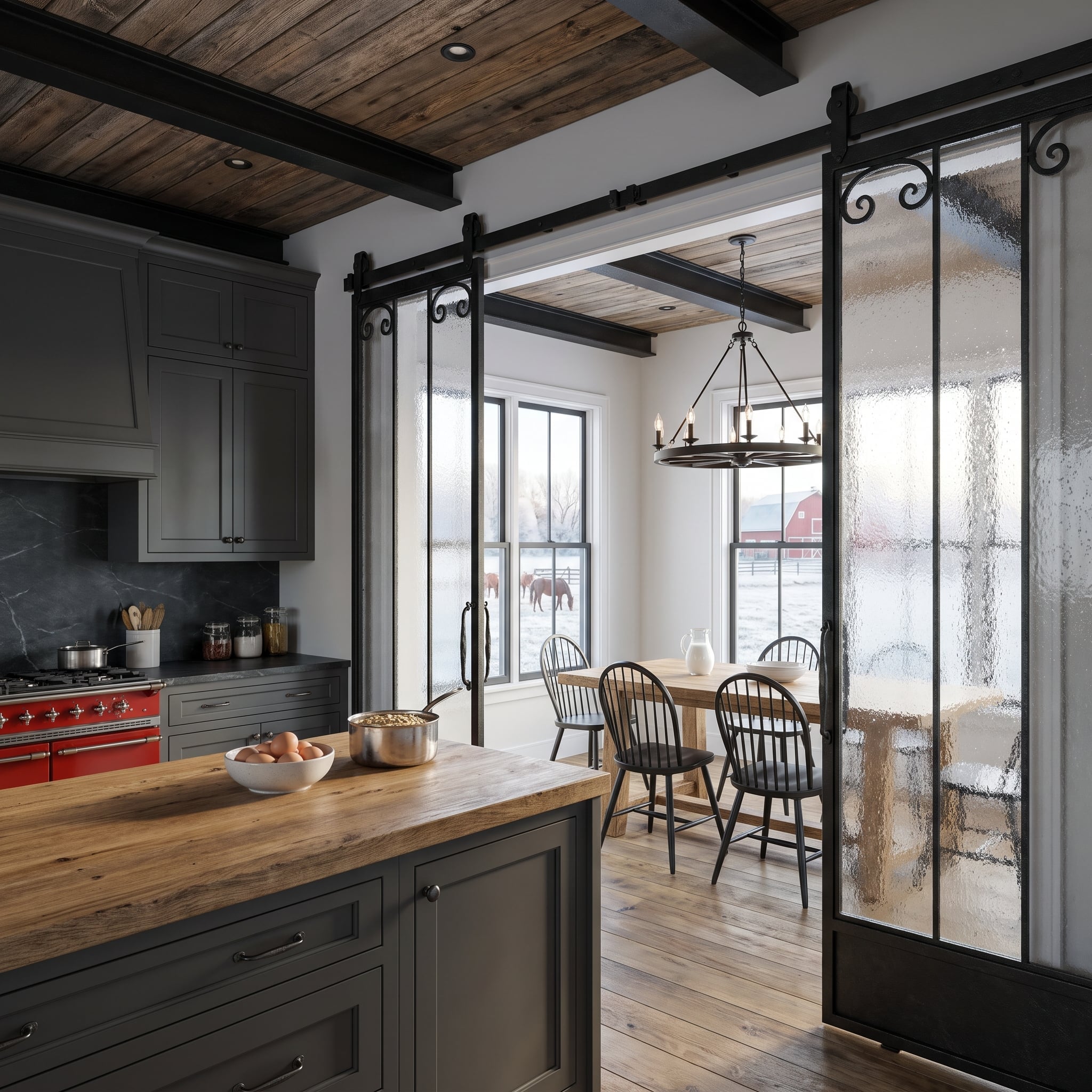 Wrought-iron barn doors with textured glass separate a farmhouse kitchen