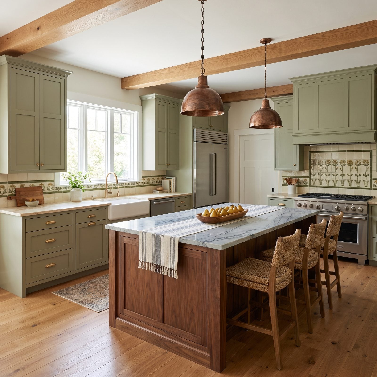 Farmhouse kitchen with warm cream perimeter quartz and cool gray island quartz whose undertones clash.