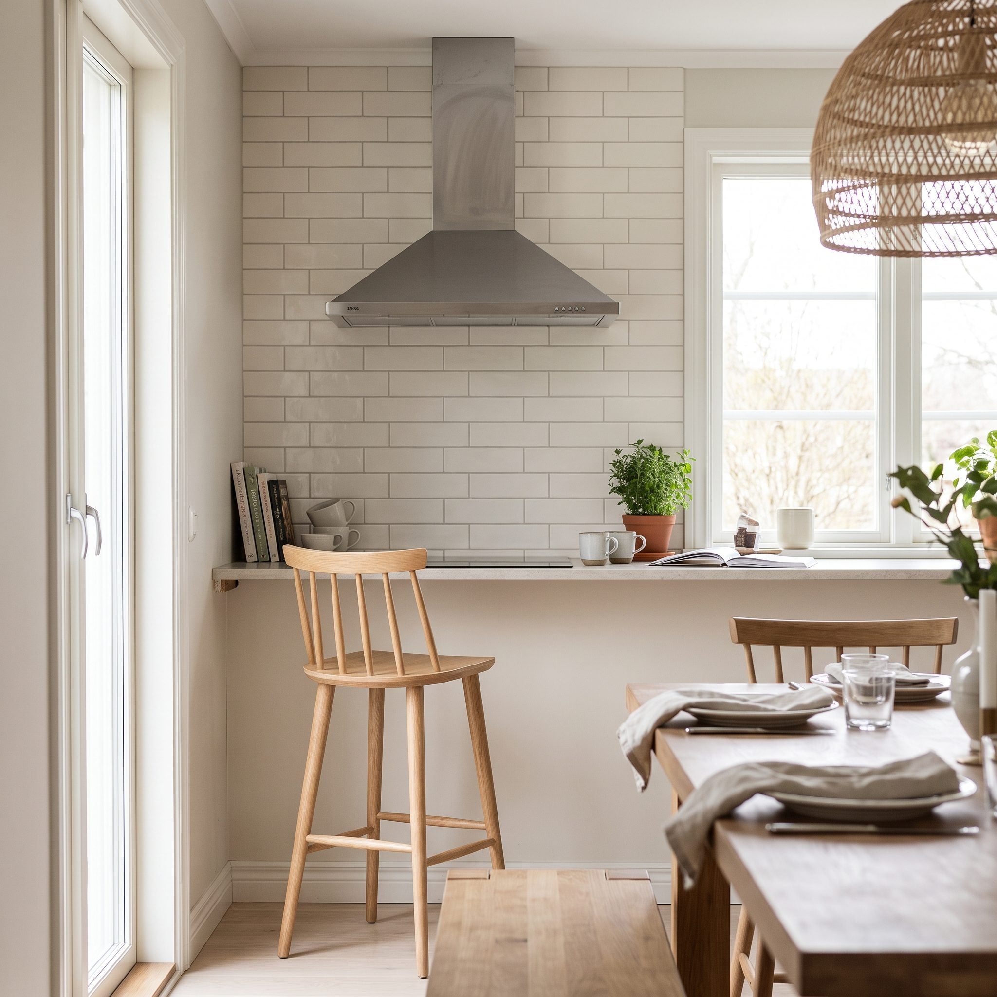 Green and brass kitchen where three stools face a blank wall and range hood instead of the open living space.