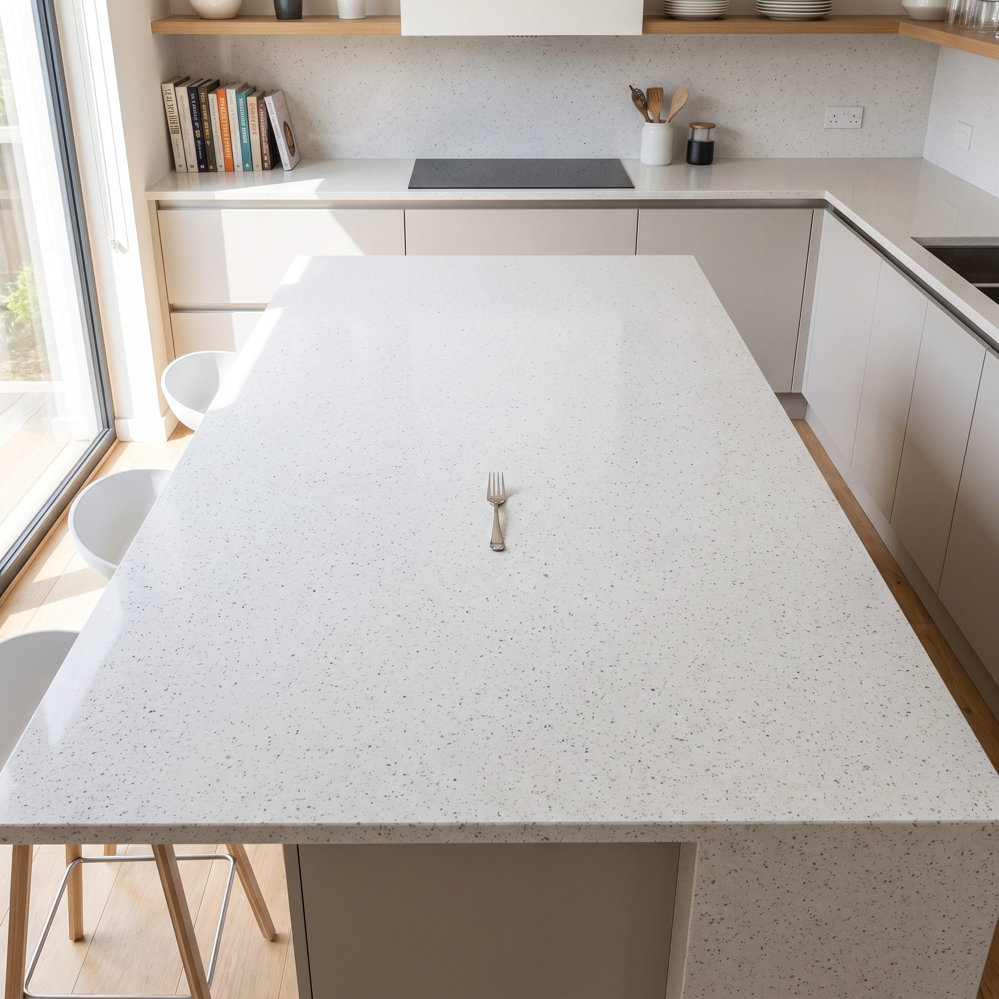 Oak and marble kitchen with a 54-inch-wide island holding a fruit bowl and herb pot in the unreachable center.