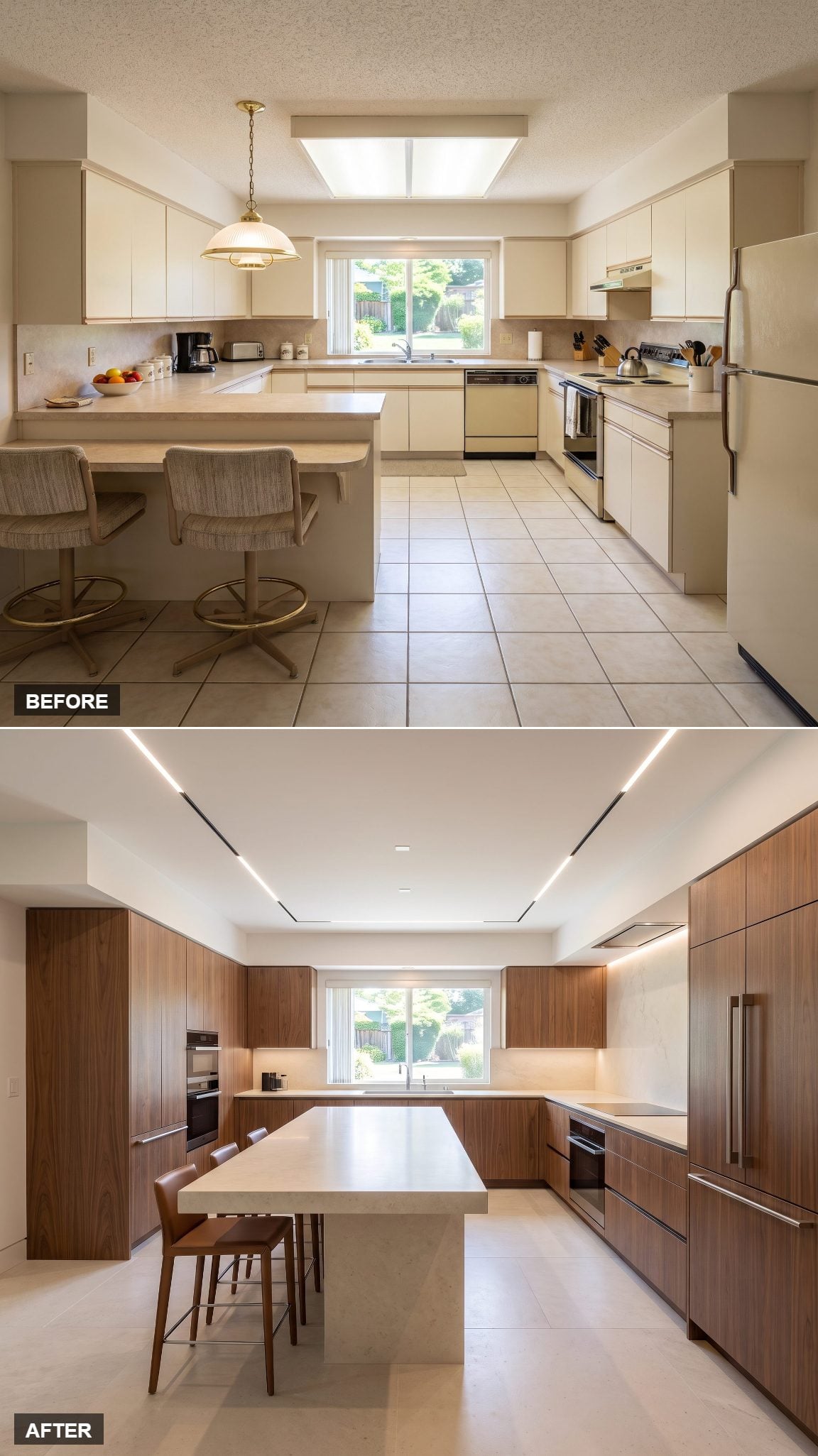 Italian minimalist kitchen with seamless full-height walnut cabinetry