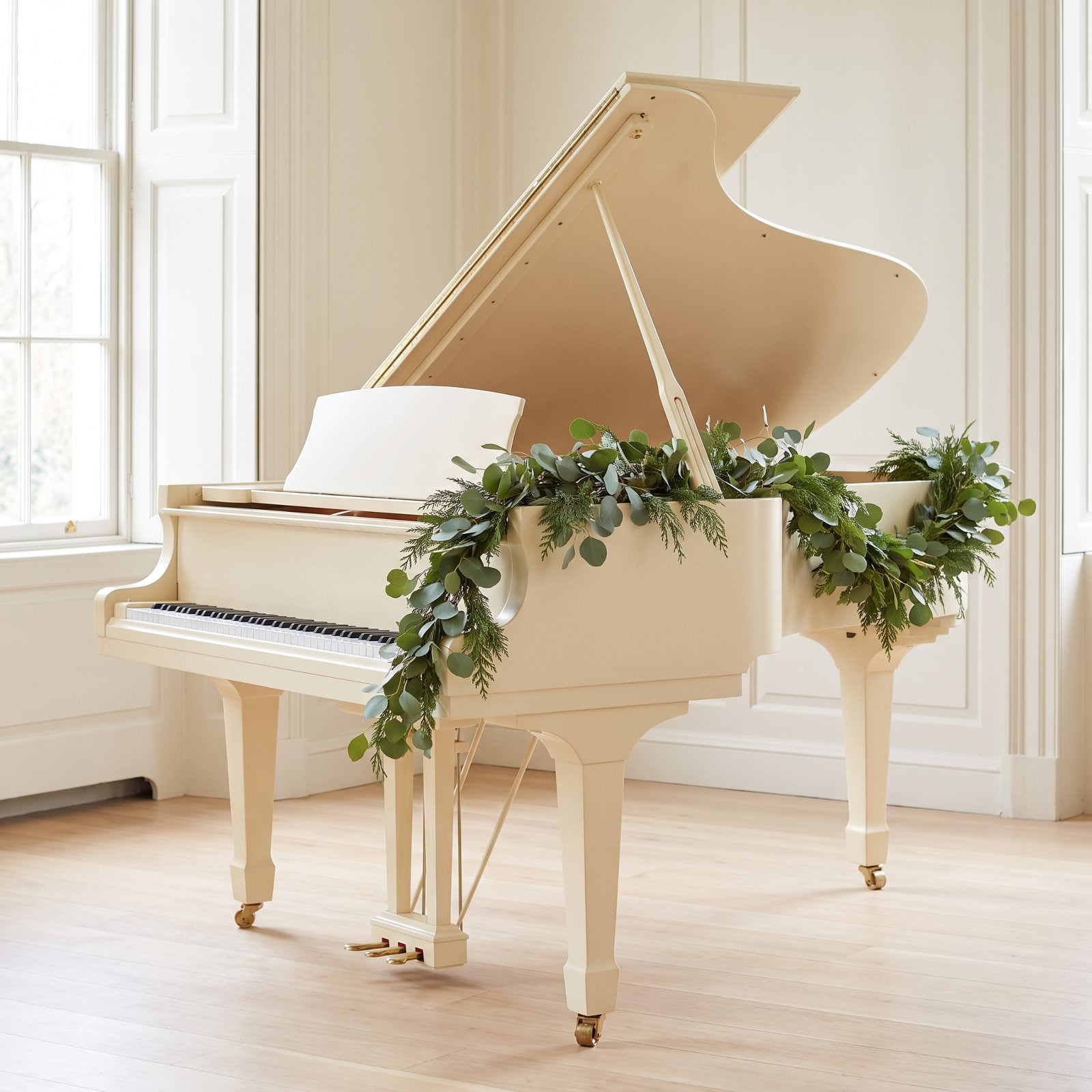 An Ivory Music Room With Greenery Wrapped Around the Piano