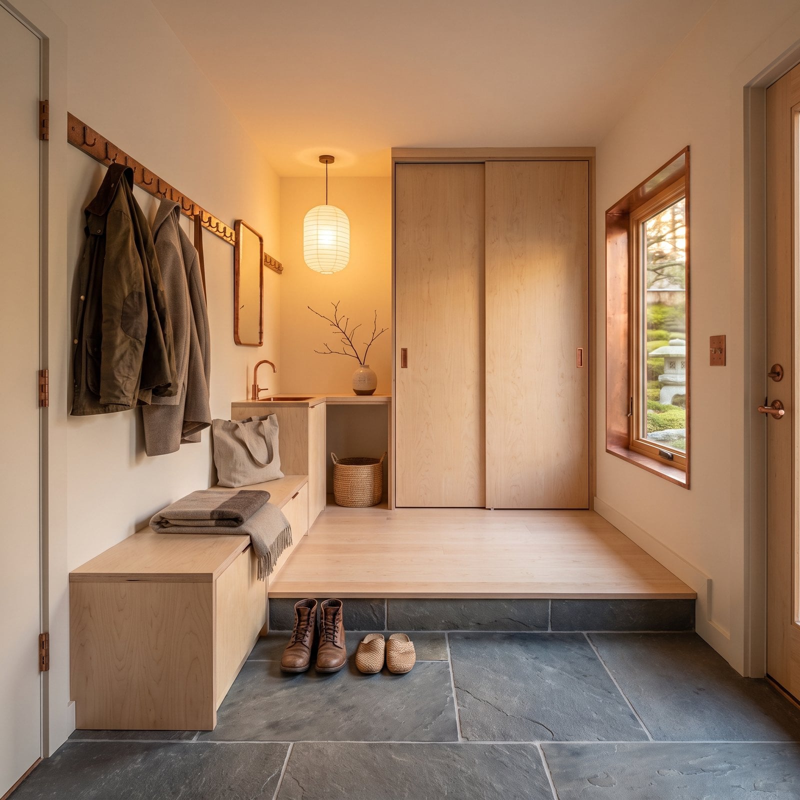 Japandi Calm in Birch, Slate and a Single Copper Hook Rail