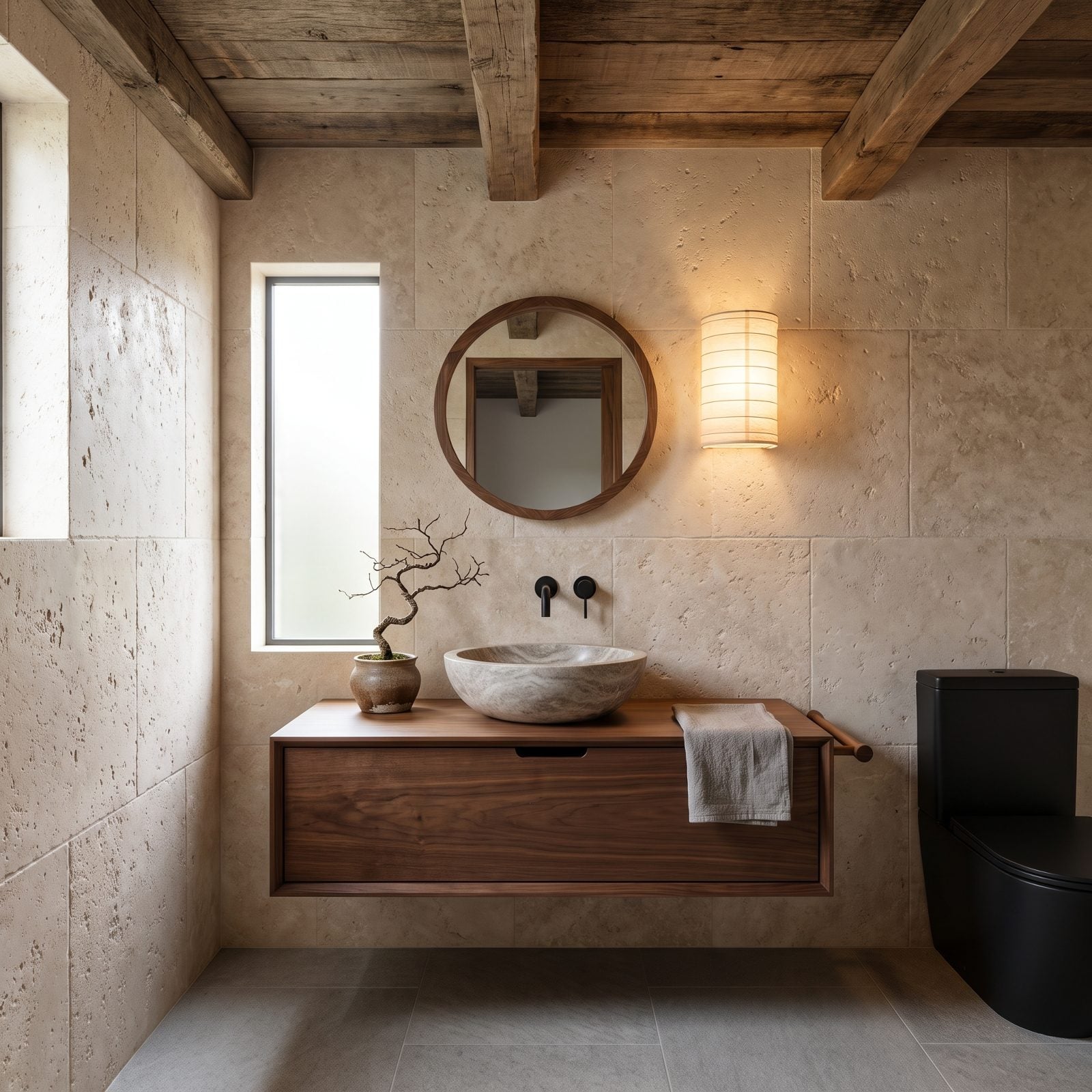Japandi Calm With Tumbled Marble and Oiled Walnut