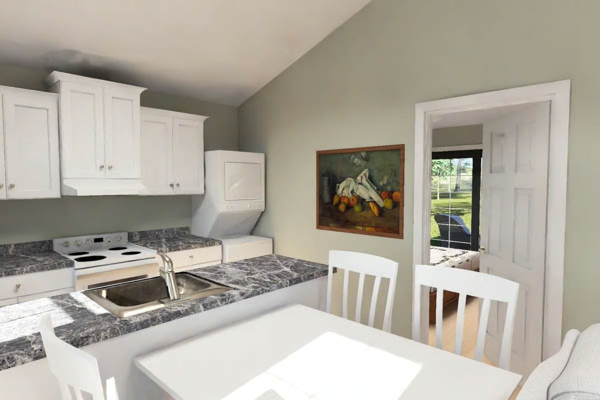 Marble-Look Counters and a Stacked Washer Unit Tucked Right Into the Kitchen