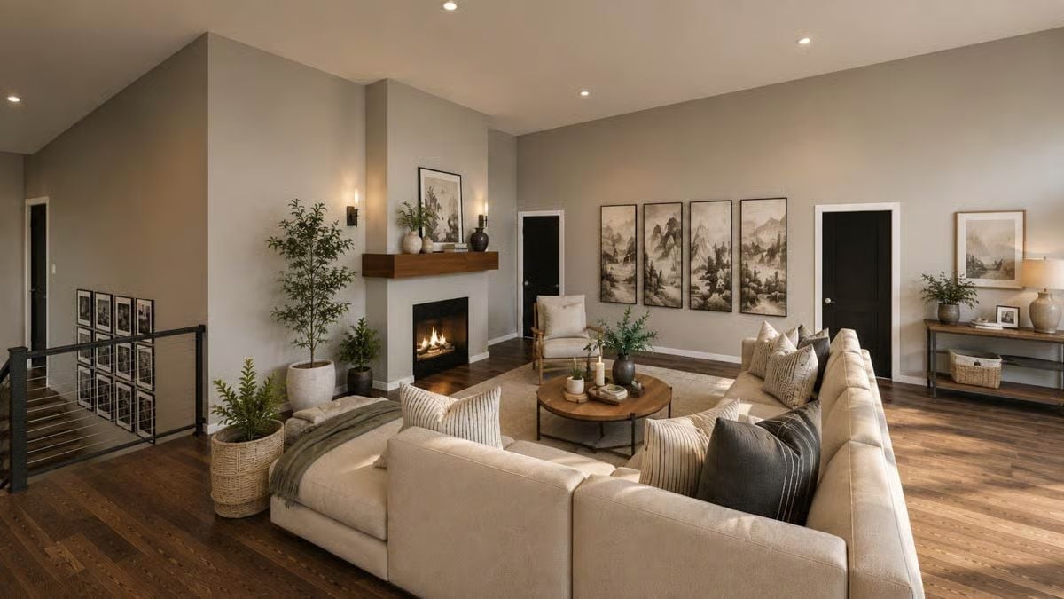 Cream Sectional and a Wood Mantel Shelf That Actually Earns Its Keep