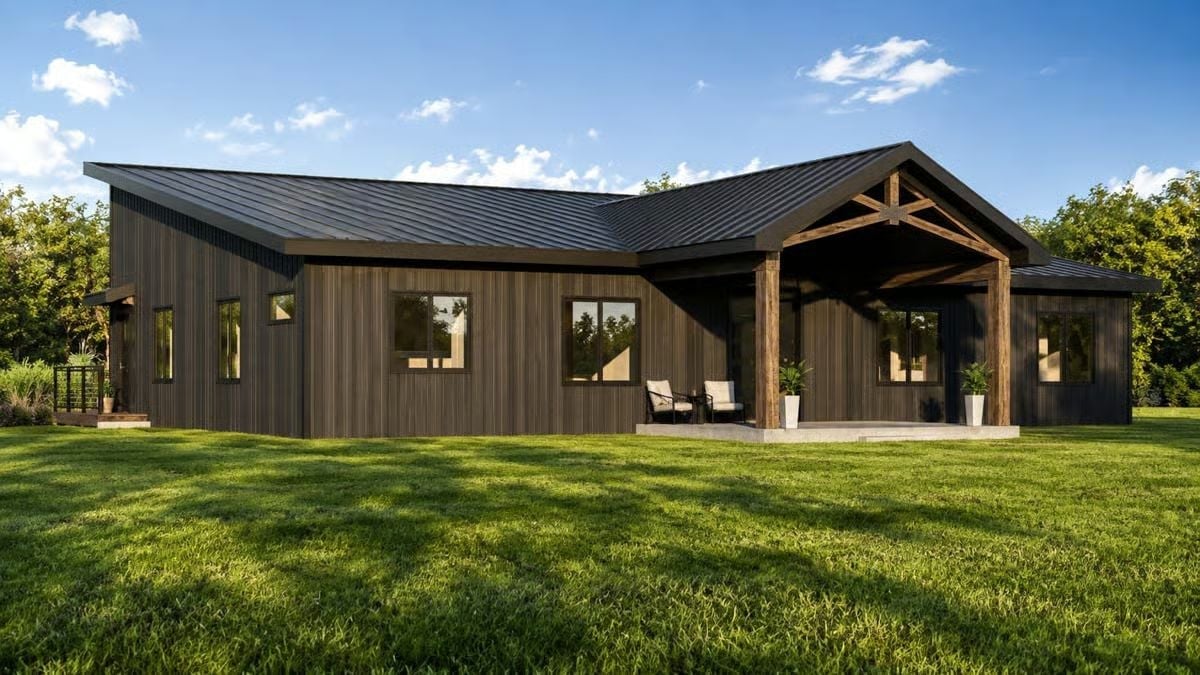 Dark Vertical Siding and Raw Timber Posts Make This Porch Worth Sitting In