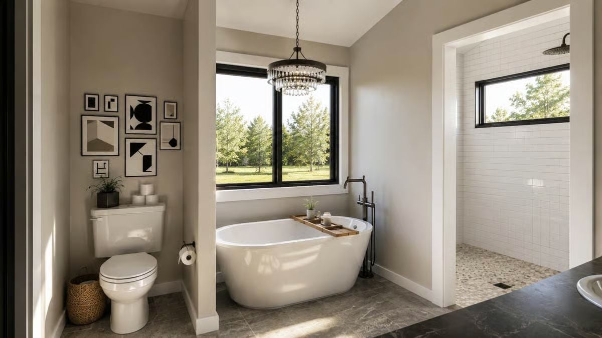 Freestanding Tub Centered on a Window View That Does All the Work