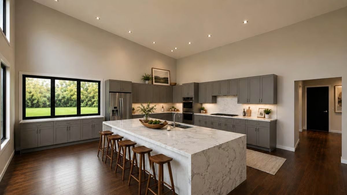 Marble Waterfall Island With Four Barstools and Zero Apologies