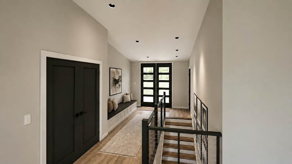 Vaulted Upper Hallway Pulls Off the Built-In Bench Better Than Most