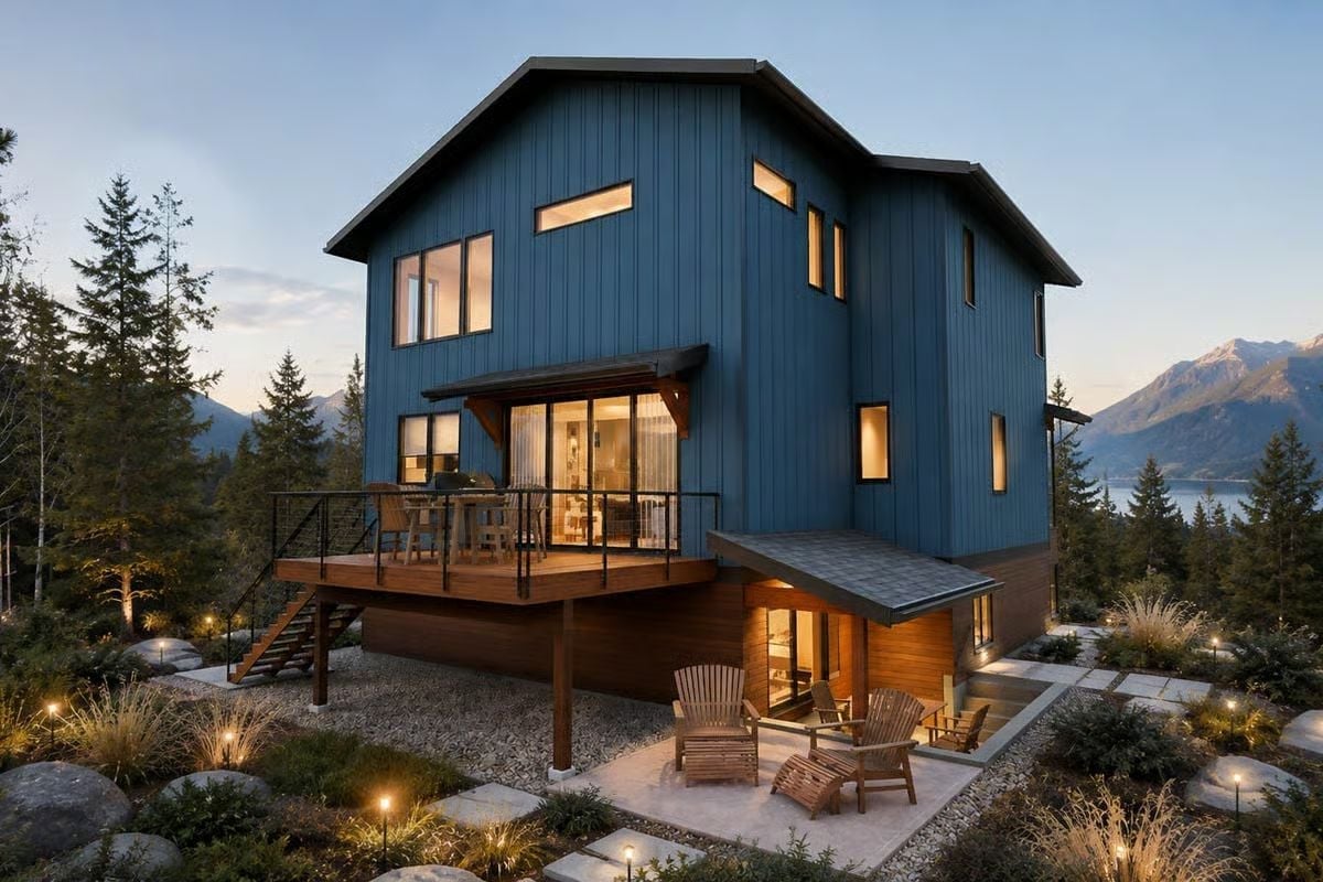 Blue Vertical Siding and a Two-Story Deck Steal the Show at Dusk