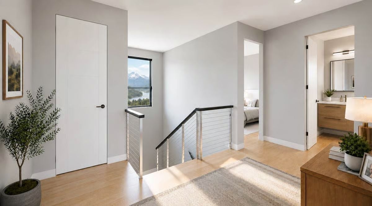 Cable Railings and a Mountain View Window Turn a Landing Into a Moment