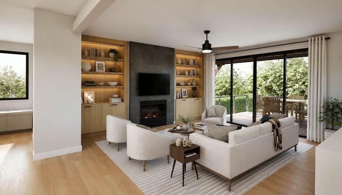 Lit Shelving and a Live Fireplace Make This the Room Nobody Wants to Leave