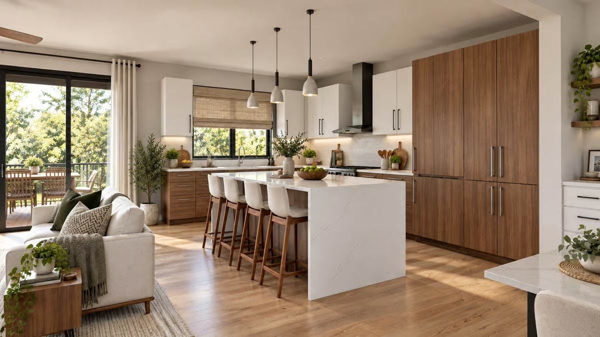 Walnut Cabinets and a Waterfall Island That Actually Earn the Open-Plan Hype