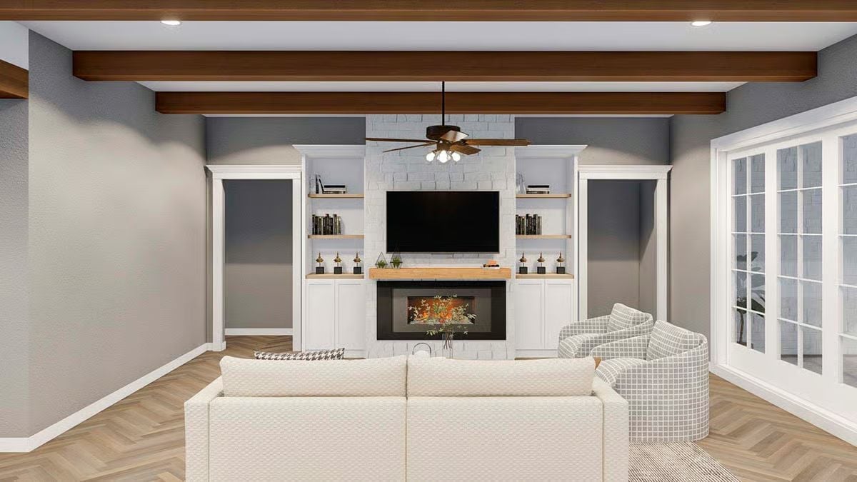 Built-In Shelving and a Stone Fireplace Wall That Actually Works Hard