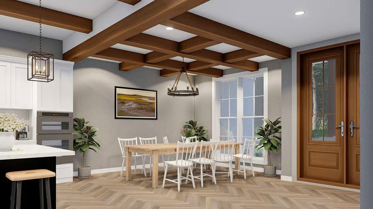 Coffered Beams and a Round Chandelier That Actually Belong Together