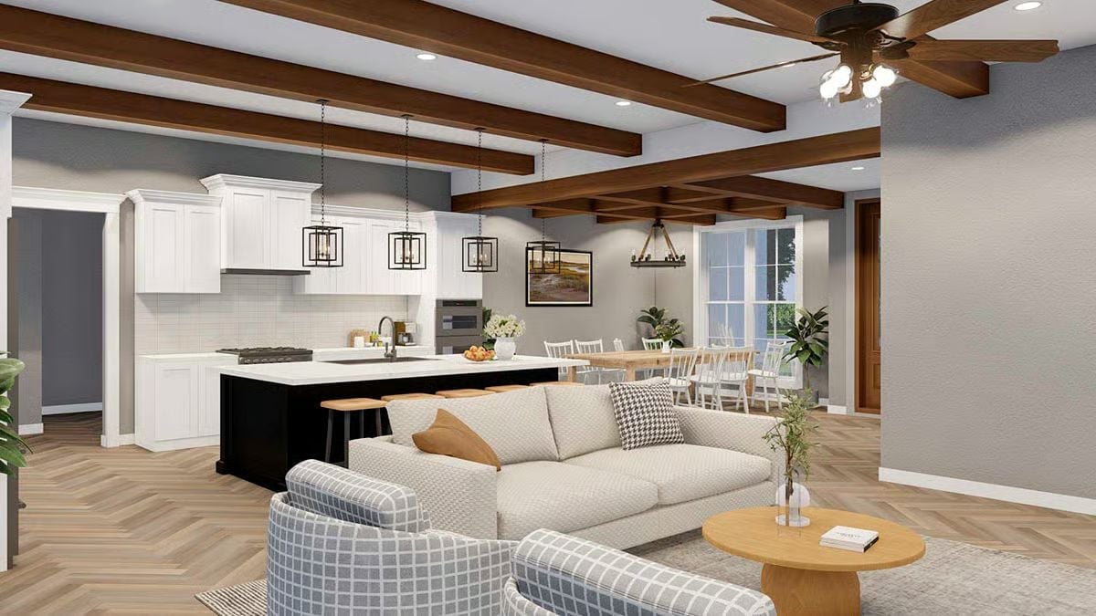 Dark Island, Exposed Beams, and a Layout Built for Staying In