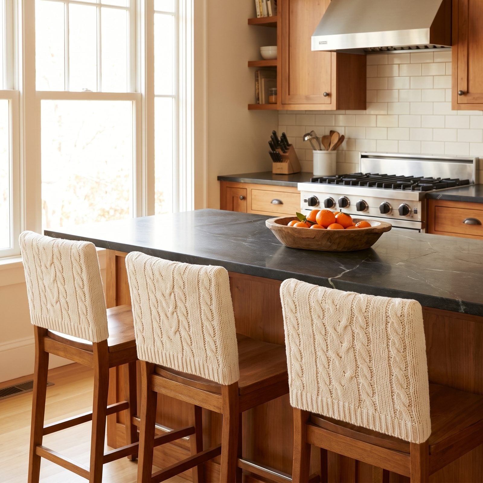 A Kitchen Breakfast Bar with Knitted Stool Covers