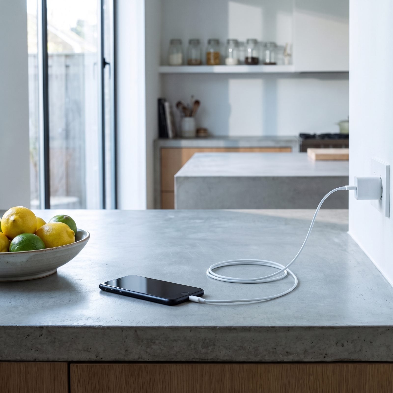 Kitchen counter corner with a face-down smartphone on a charging cable, car keys, reading glasses, and a potted herb.