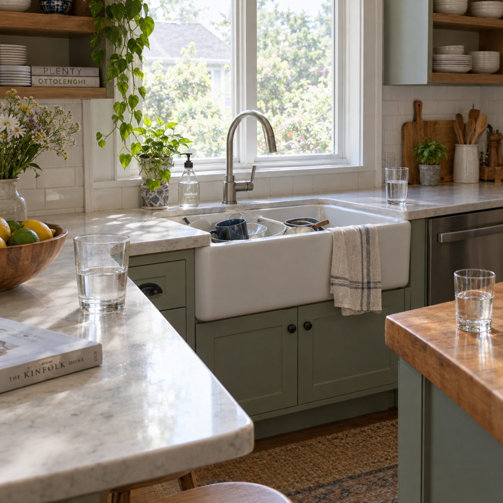 Kitchen counter and sink area with four different drinking glasses placed at separate spots, including a child's plastic cup.