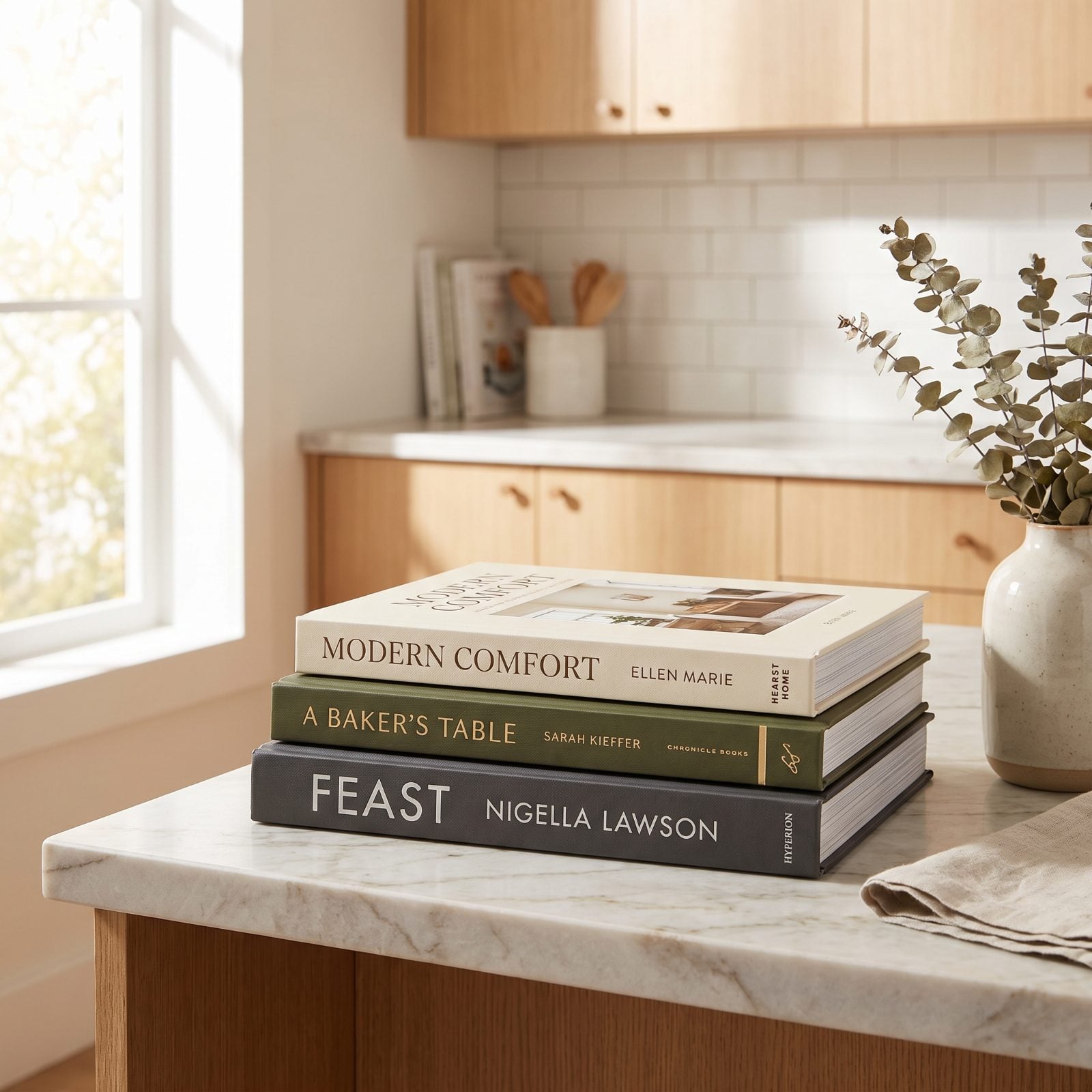 Kitchen counter with a stack of five hardcover cookbooks with uncracked spines standing against the backsplash.