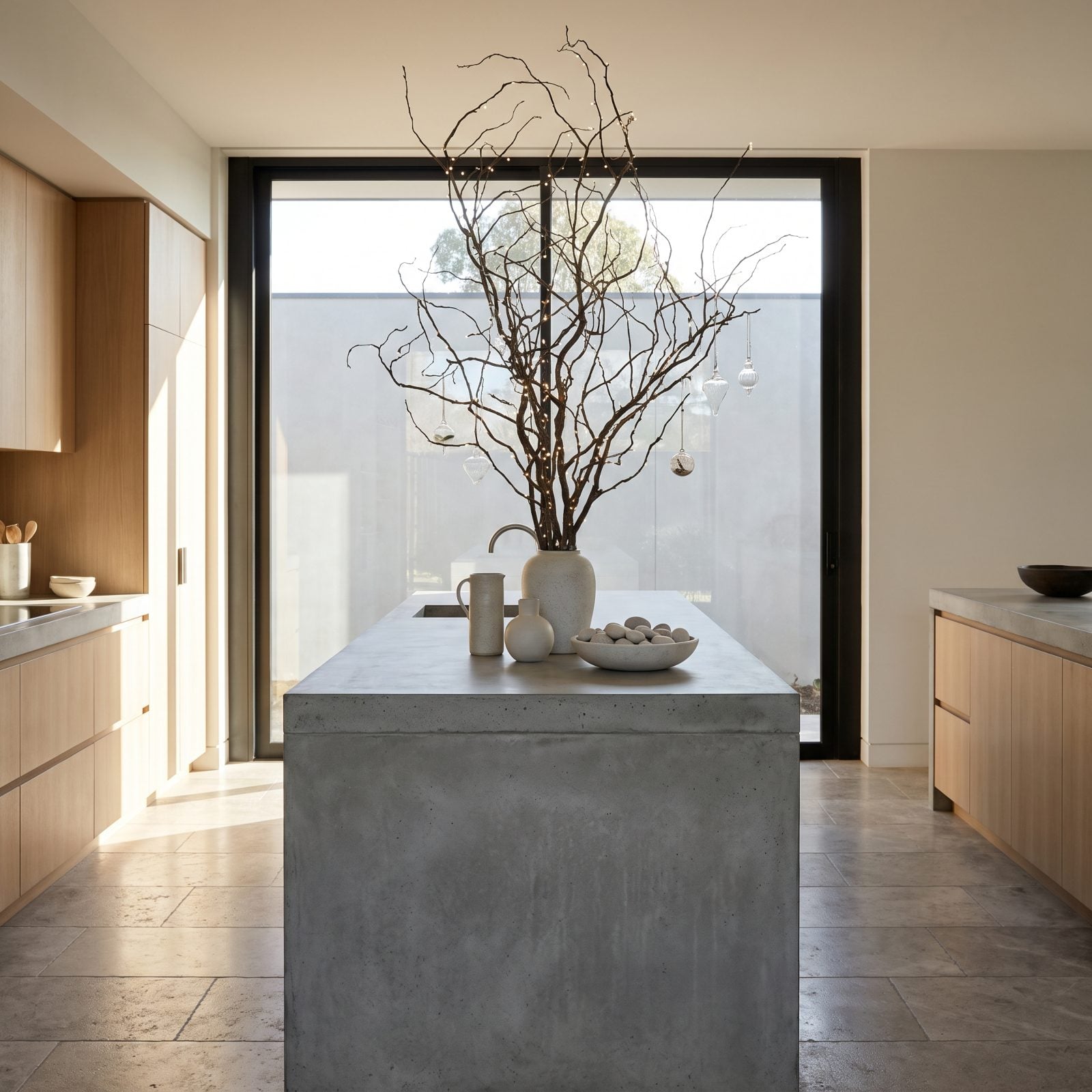 A Kitchen Island Centered on a Towering Branch Sculpture