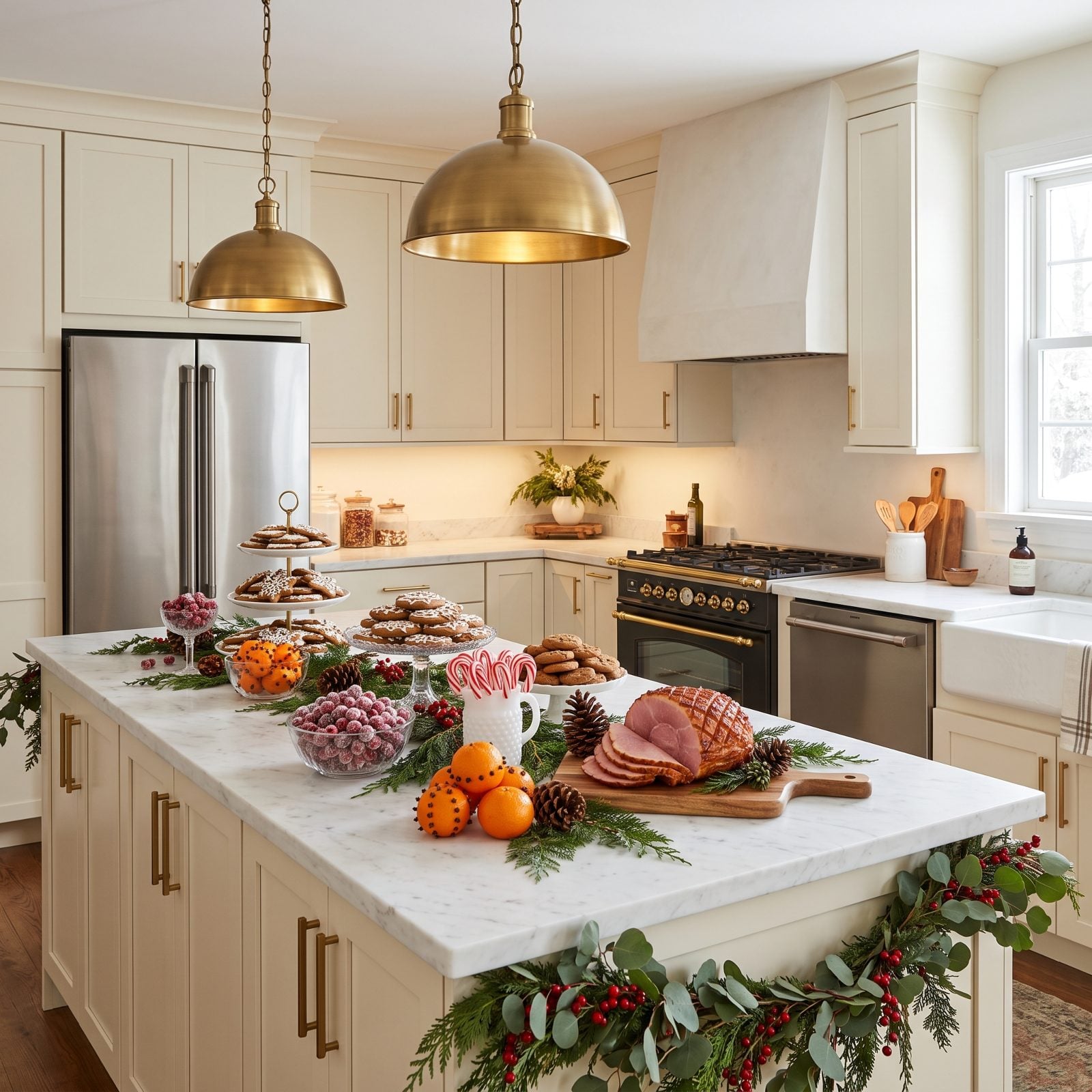 A Kitchen Island Covered With an Edible Holiday Display
