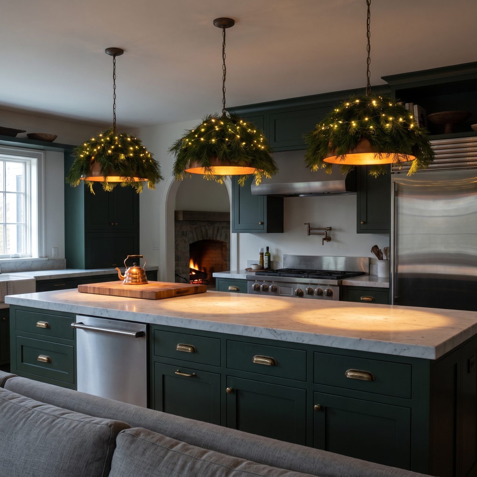 A Kitchen Island Lit by Pine-Wrapped Pendant Lights