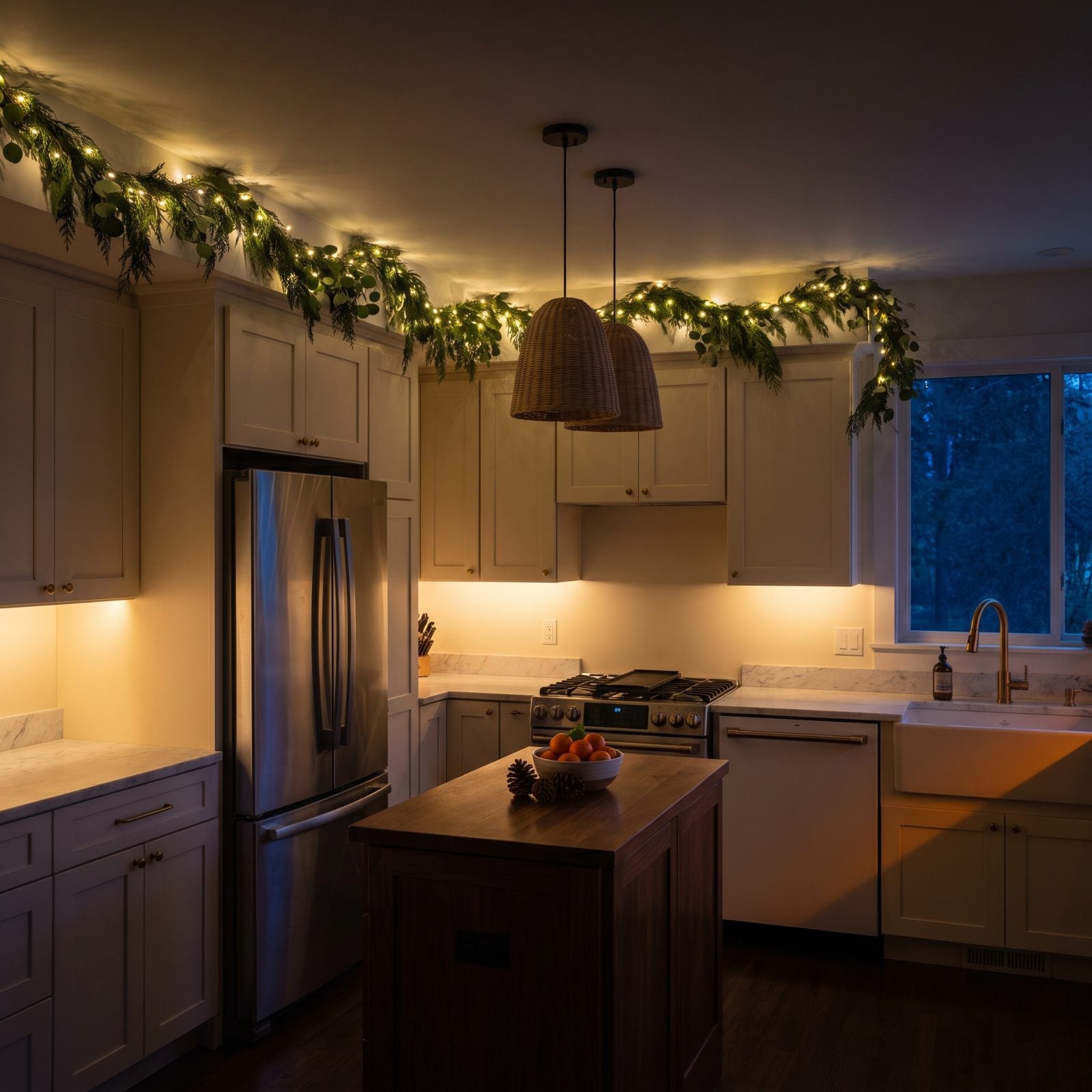 A Kitchen with Lit Greenery Above the Cabinets