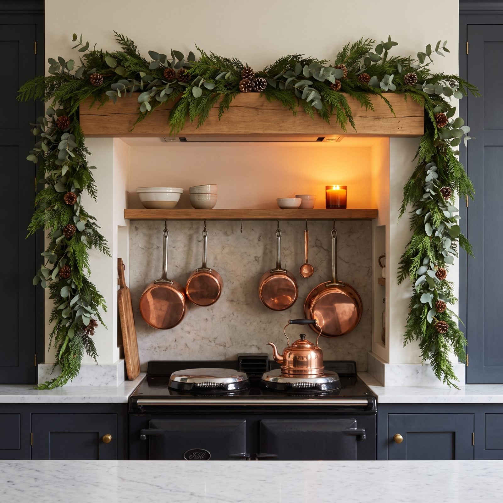 A Kitchen Range Alcove Framed With Garland and Copper