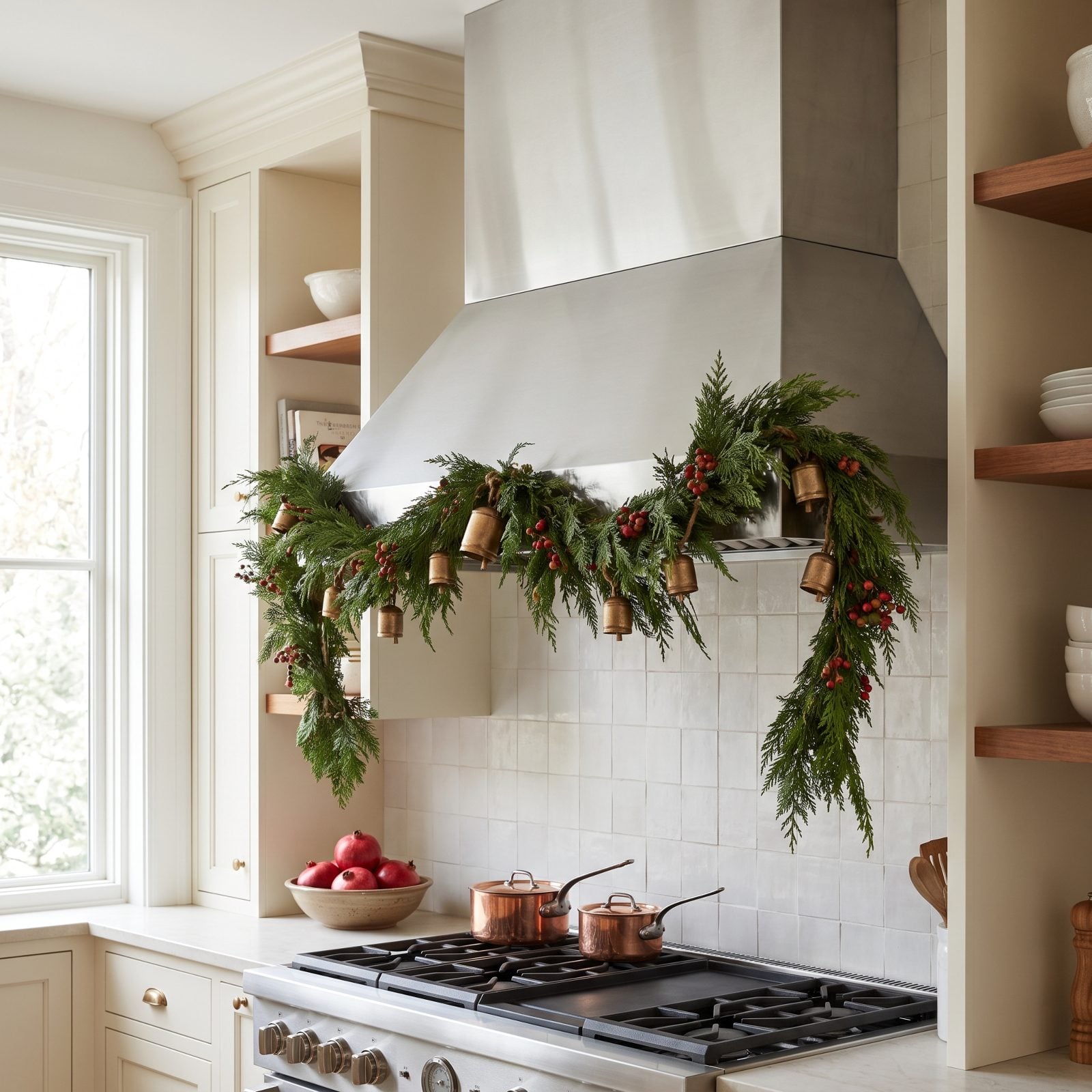 A Kitchen Range Hood Crowned With Garland and Bells