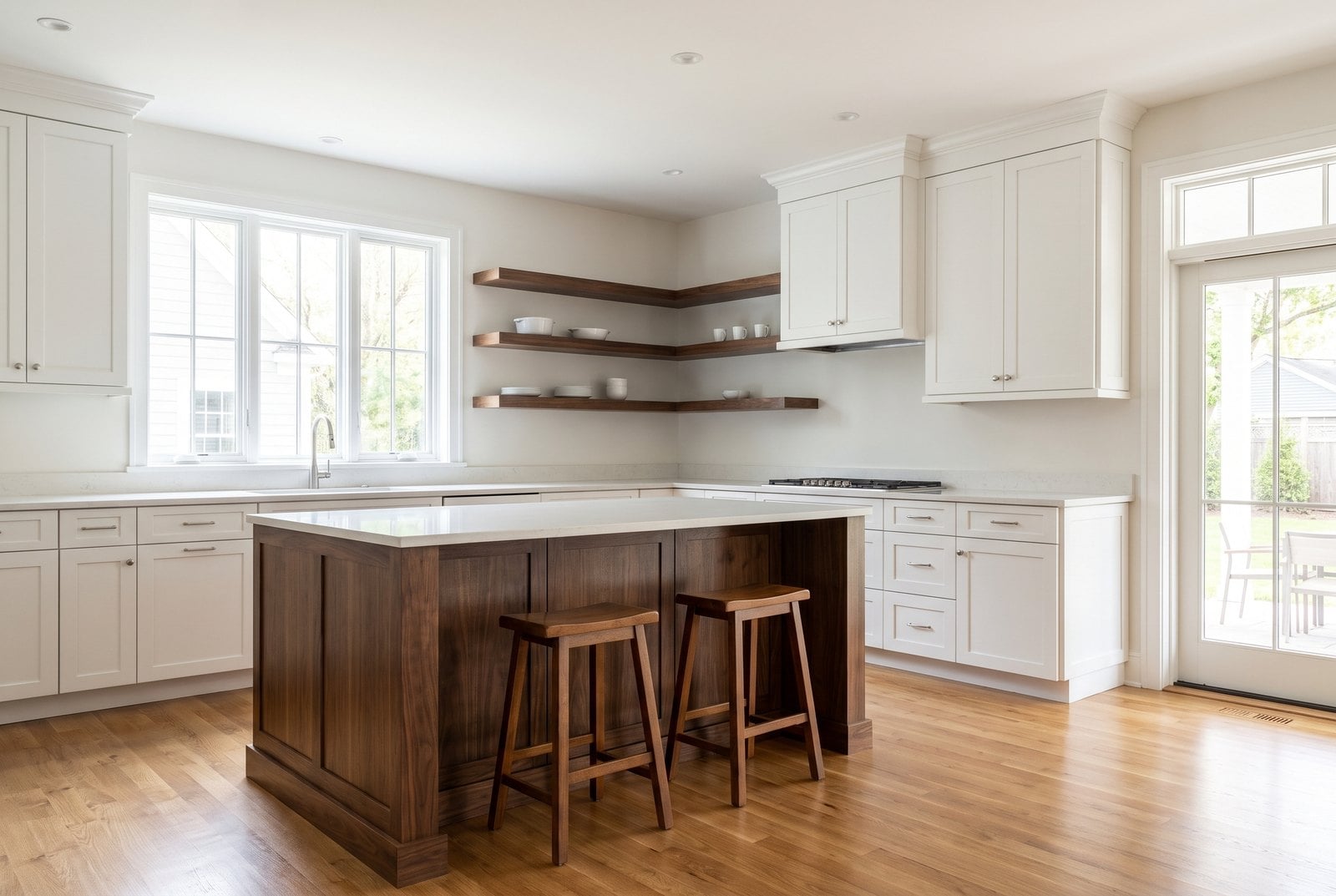 Kitchen with a dark walnut island and wood open shelving