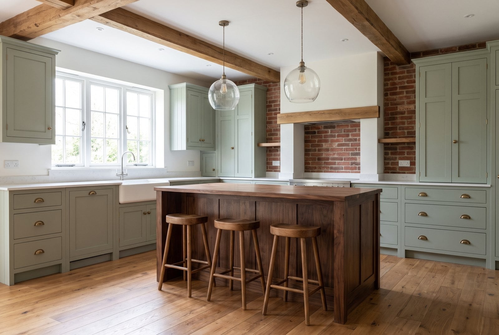 Sage kitchen with walnut island, brick and beams