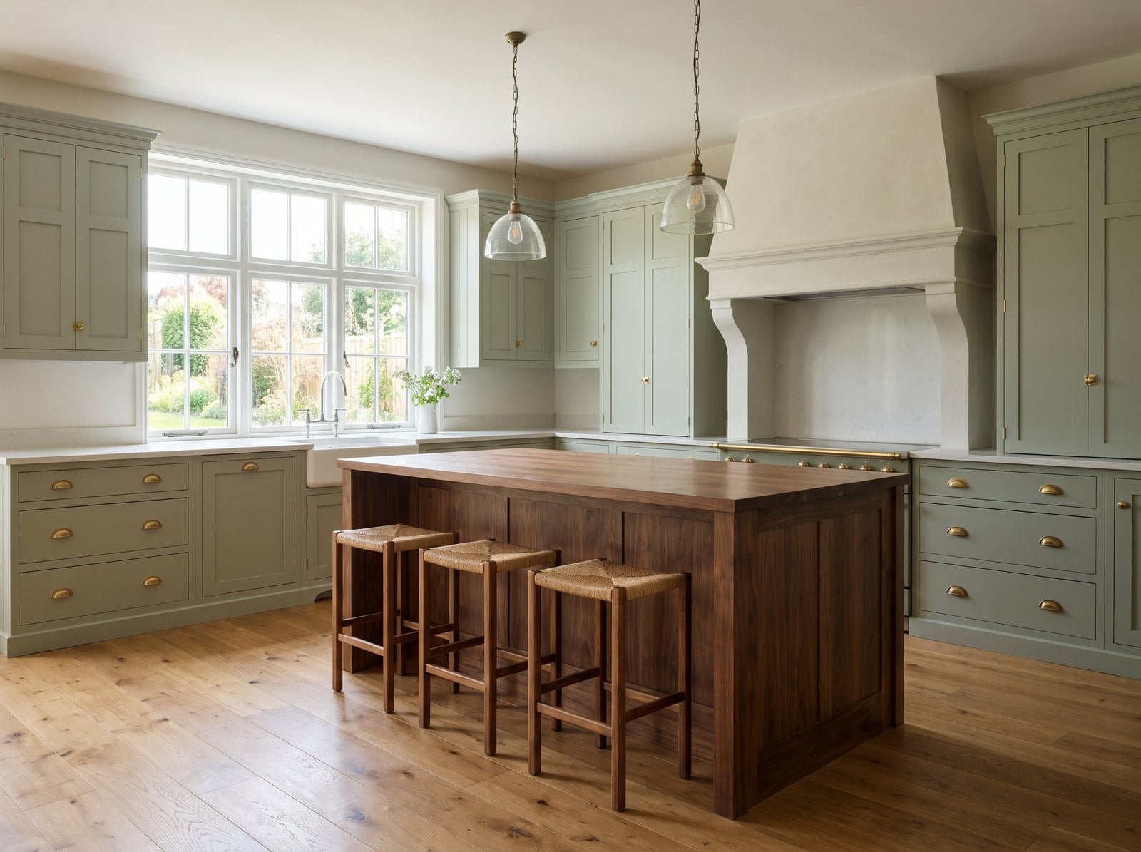 Sage green Shaker kitchen with brass pulls and a walnut island